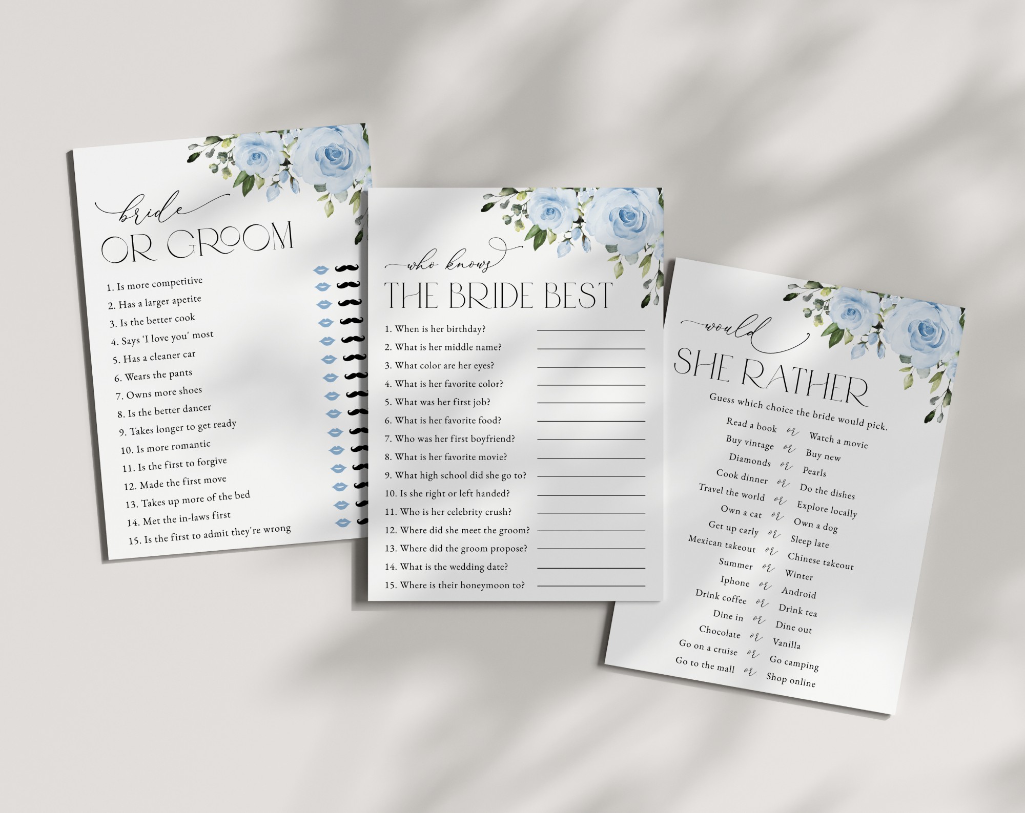 Dusty Blue Flowers Bridal Shower Games, Set of 3 Games, Printable File, Edit Yourself, SH160