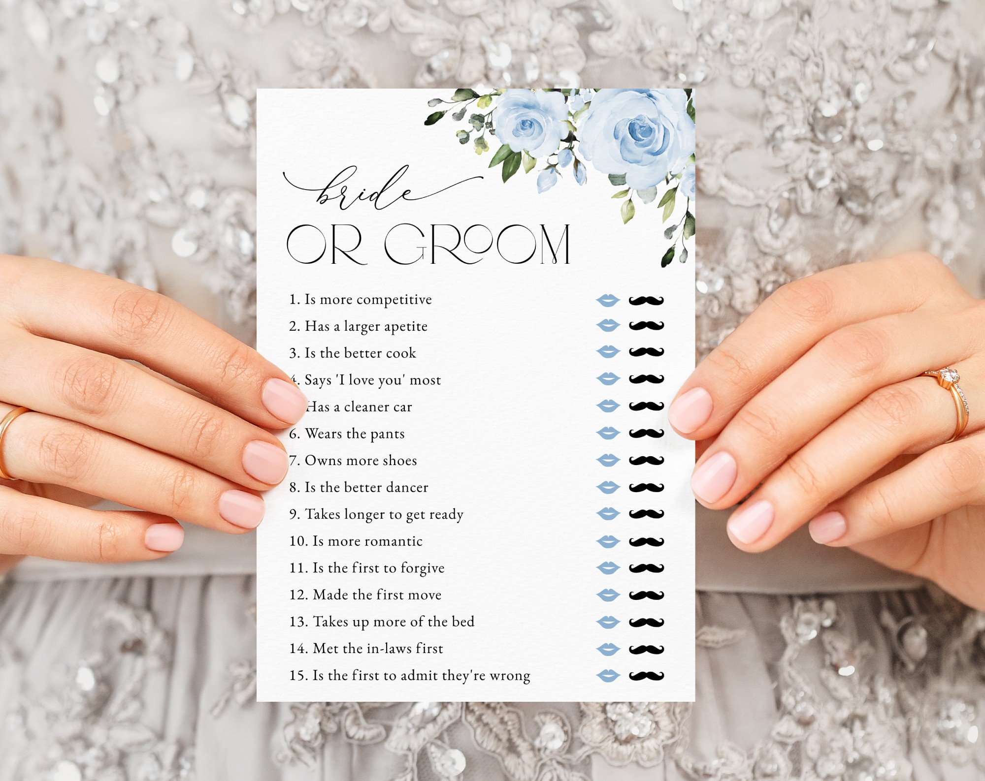 Dusty Blue Flowers Bridal Shower Games, Set of 3 Games, Printable File, Edit Yourself, SH160