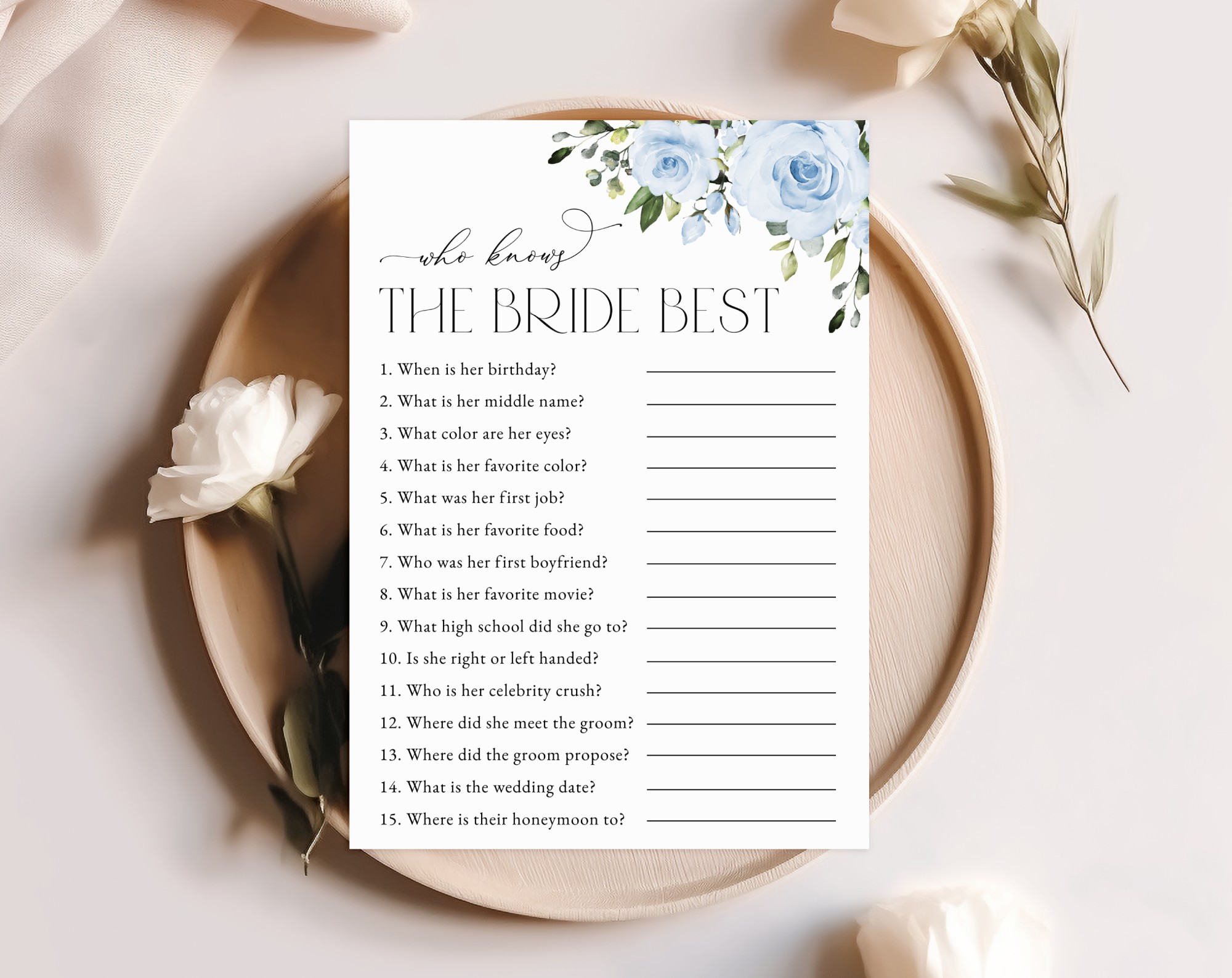 Dusty Blue Flowers Bridal Shower Games, Set of 3 Games, Printable File, Edit Yourself, SH160