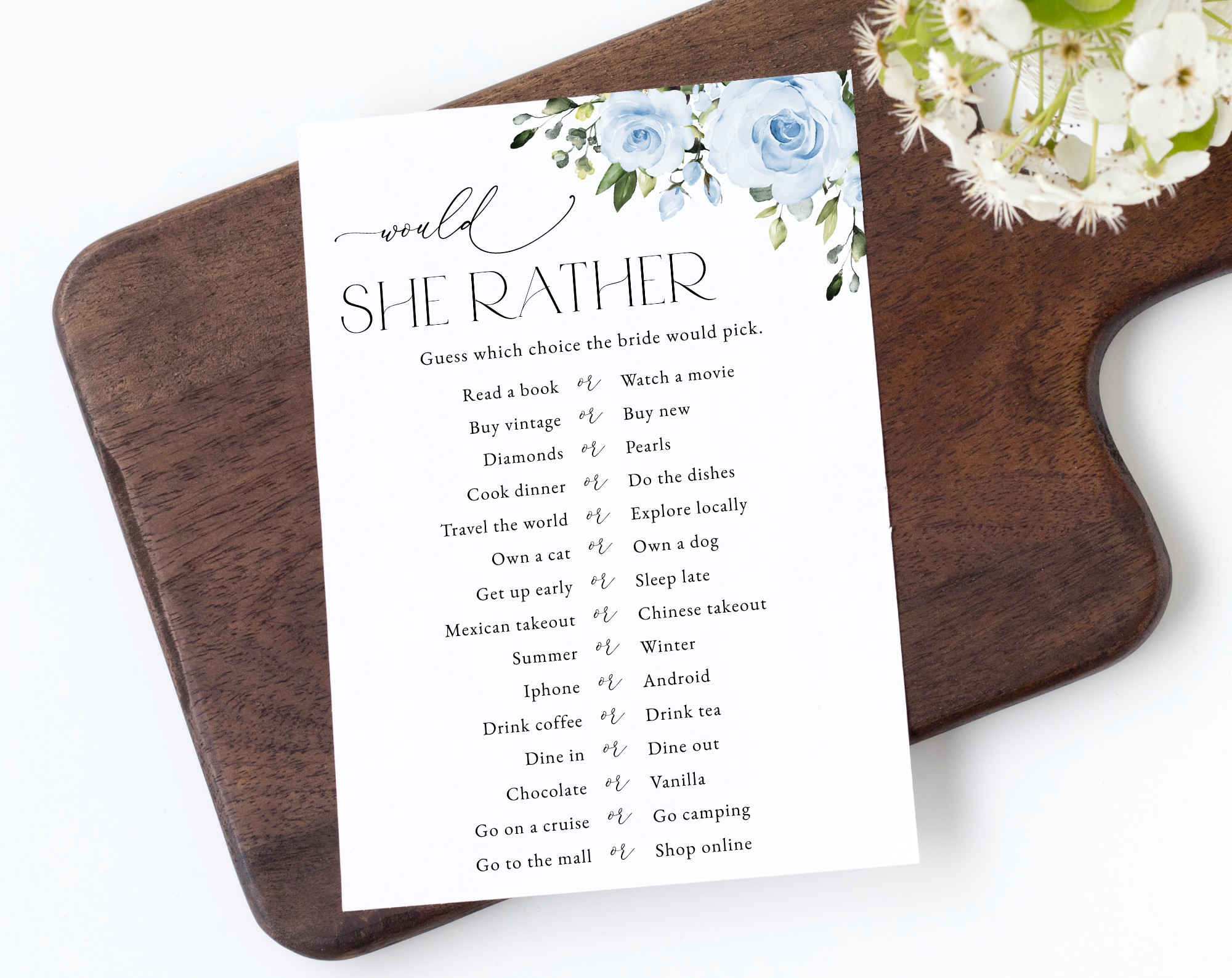 Dusty Blue Flowers Bridal Shower Games, Set of 3 Games, Printable File, Edit Yourself, SH160
