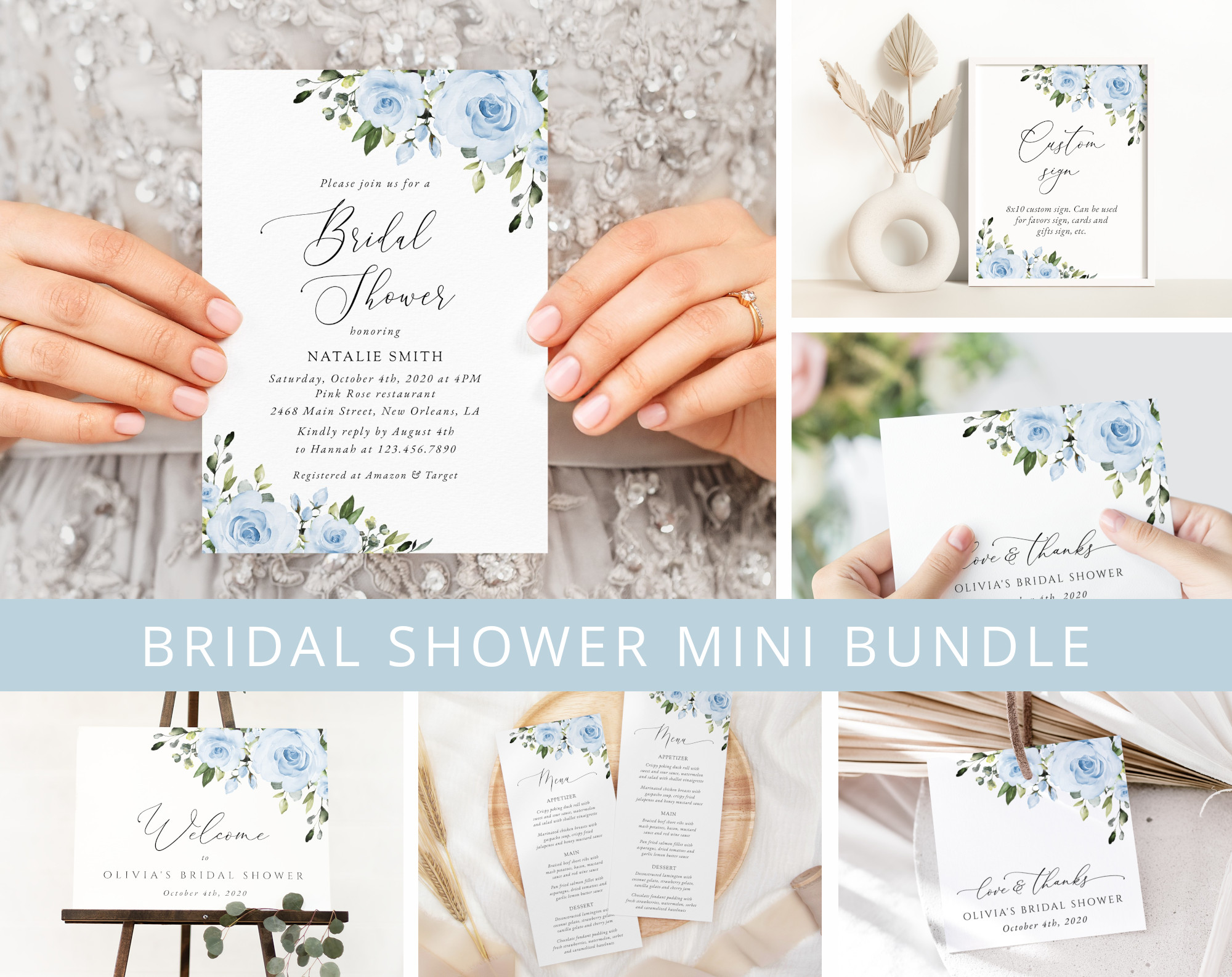 Dusty Blue Flowers Bridal Shower Mini Bundle, Printable File, Edit Yourself, SH160