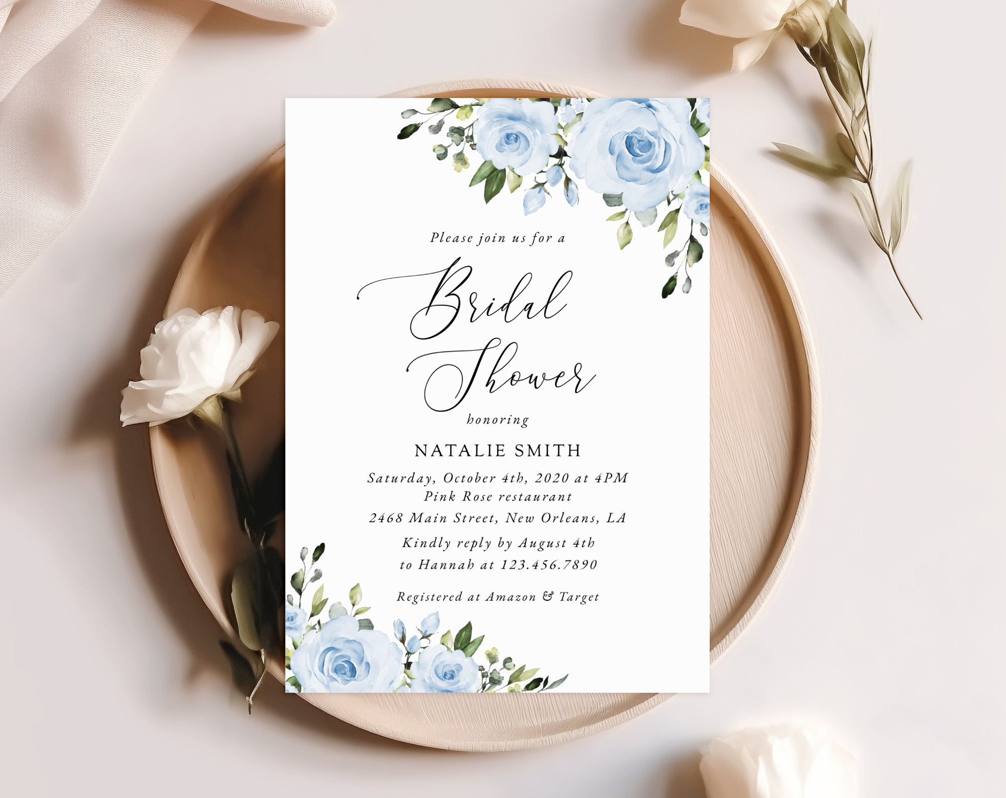 Dusty Blue Flowers Bridal Shower Invitation, Bridal Stationery, Printable File, Edit Yourself, SH160