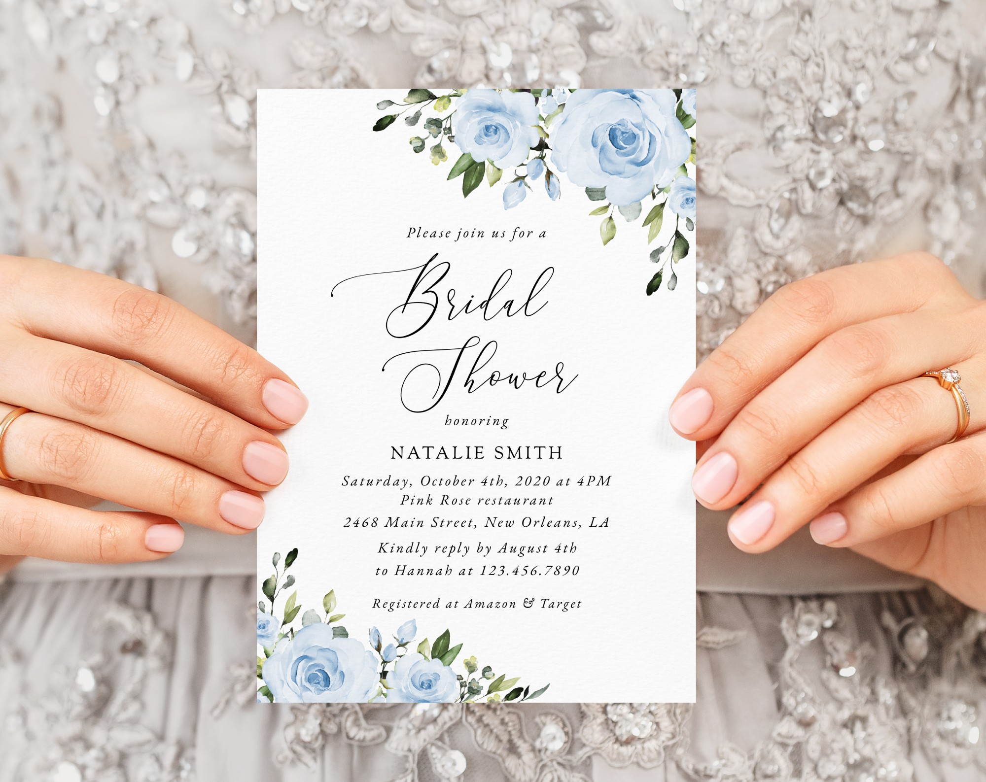 Dusty Blue Flowers Bridal Shower Invitation, Bridal Stationery, Printable File, Edit Yourself, SH160