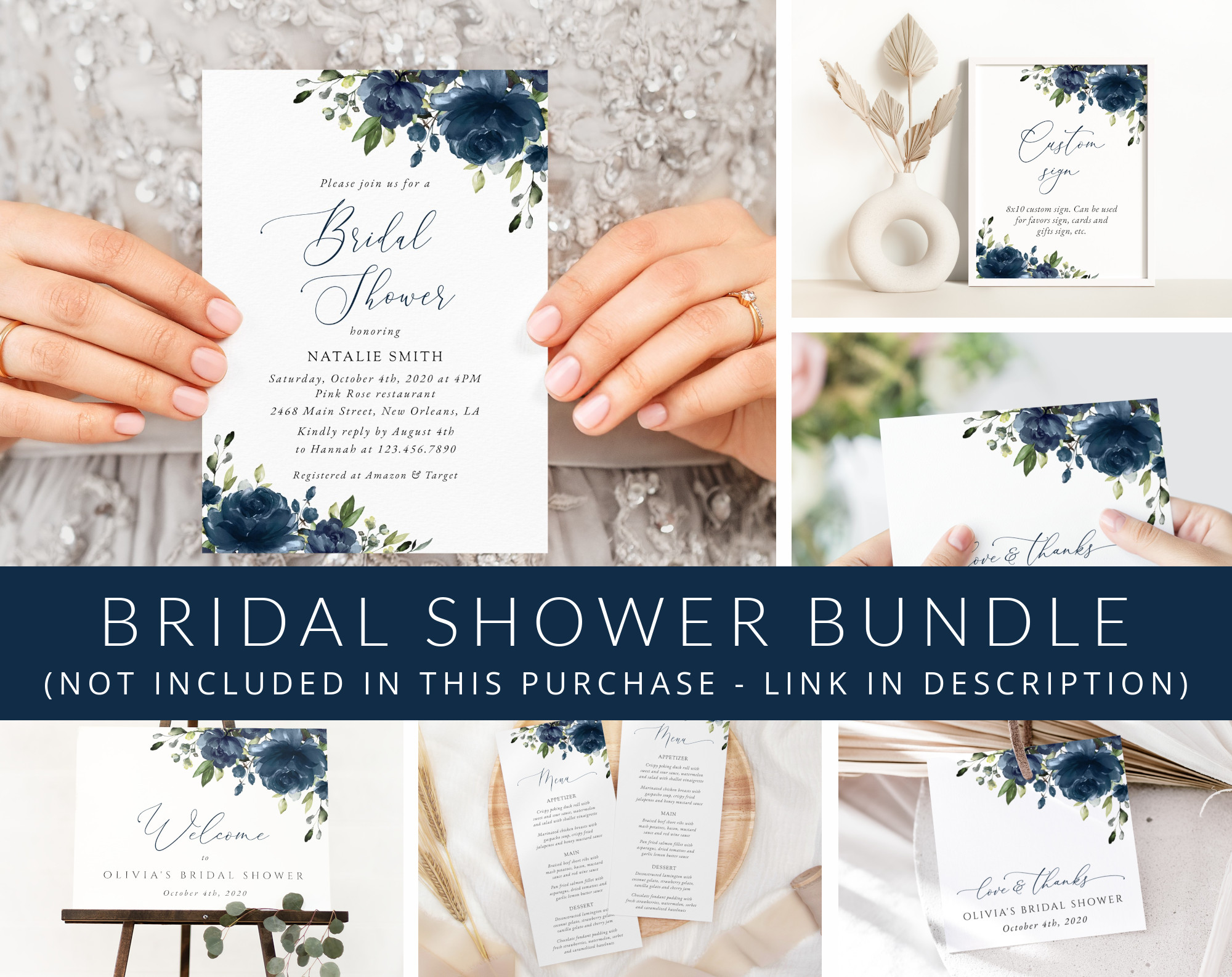 Navy Blue Flowers Bridal Shower Mini Bundle, Printable File, Edit Yourself, SH161