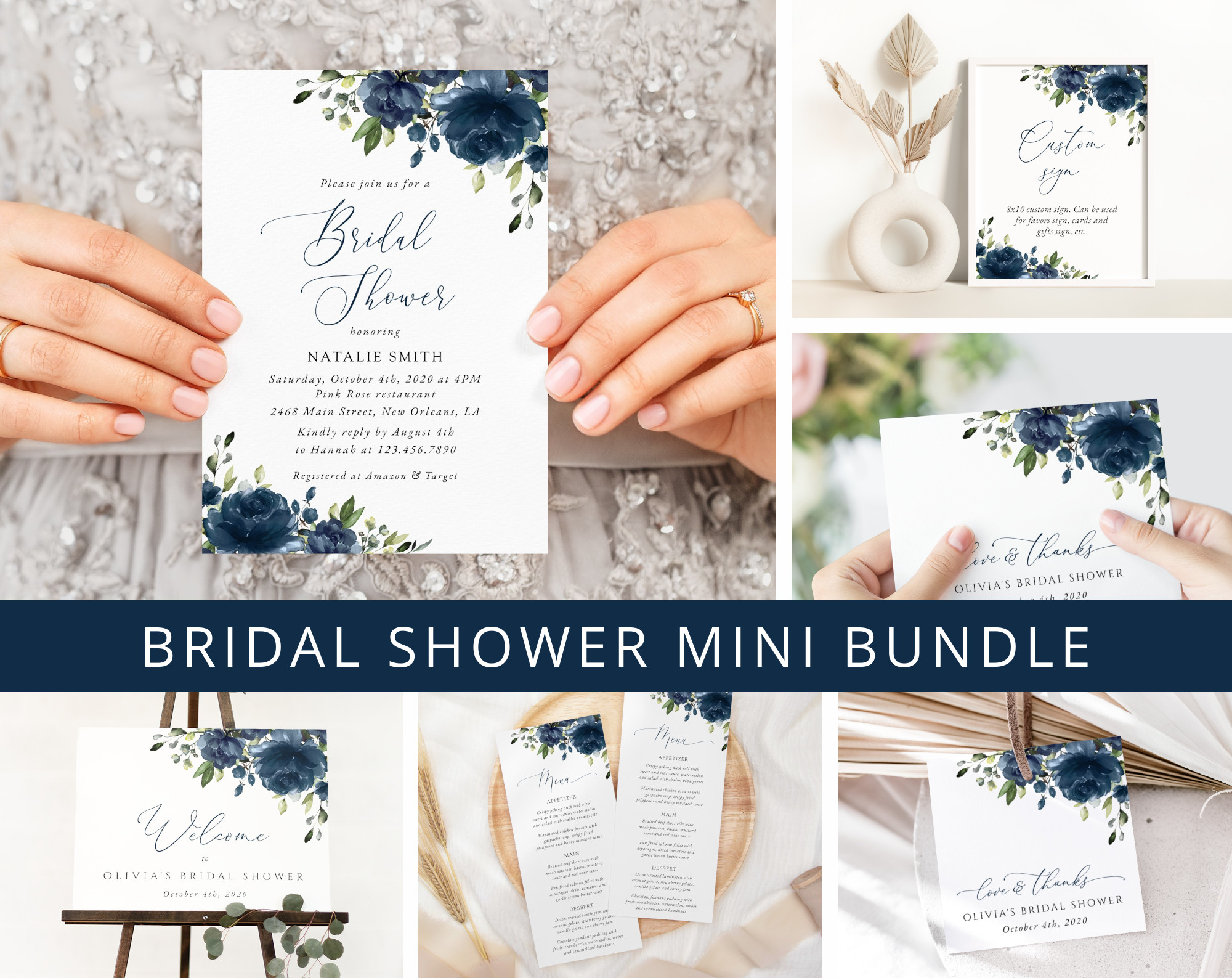 Navy Blue Flowers Bridal Shower Mini Bundle, Printable File, Edit Yourself, SH161