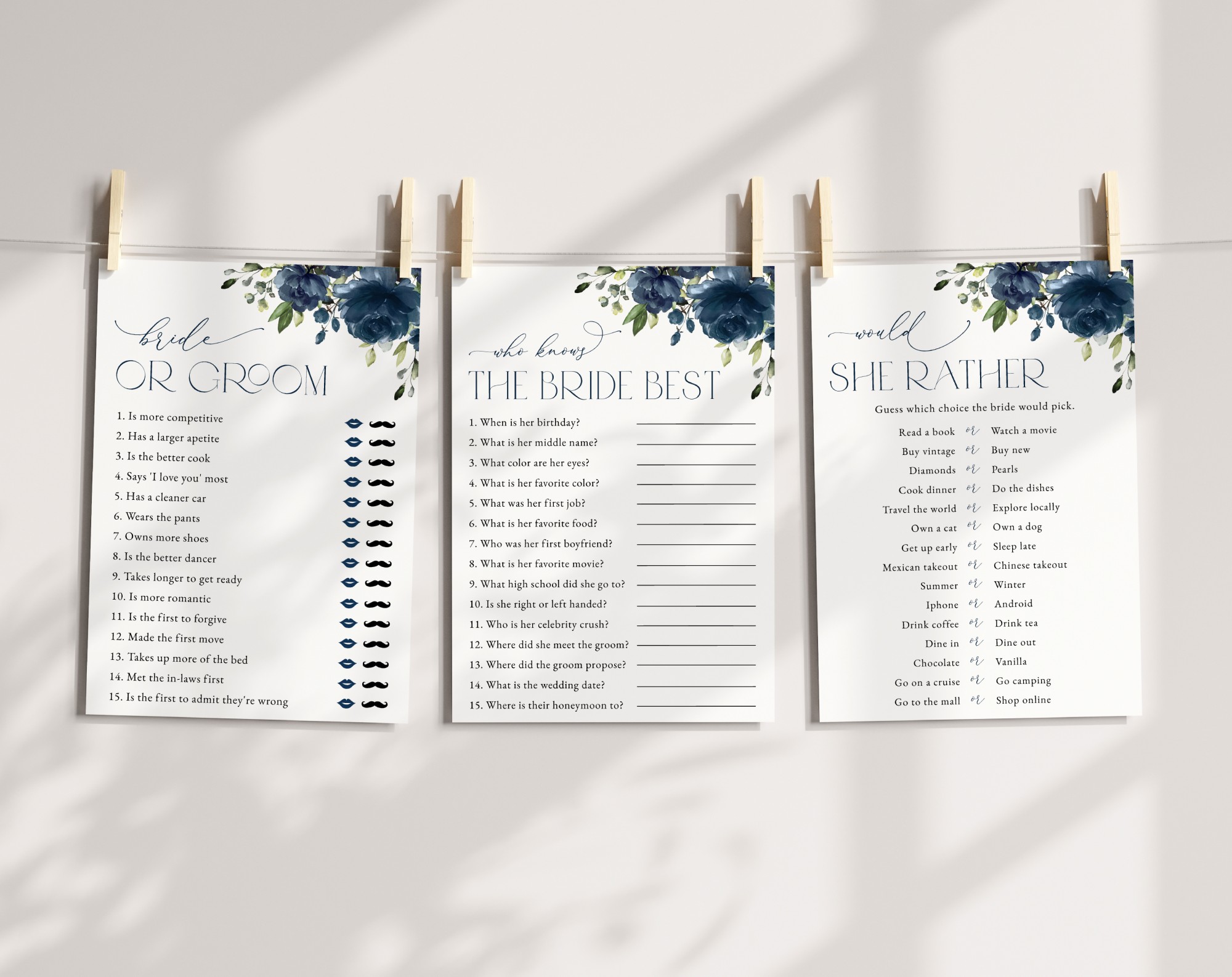 Navy Blue Flowers Bridal Shower Games, Set of 3 Games, Printable File, Edit Yourself, SH161