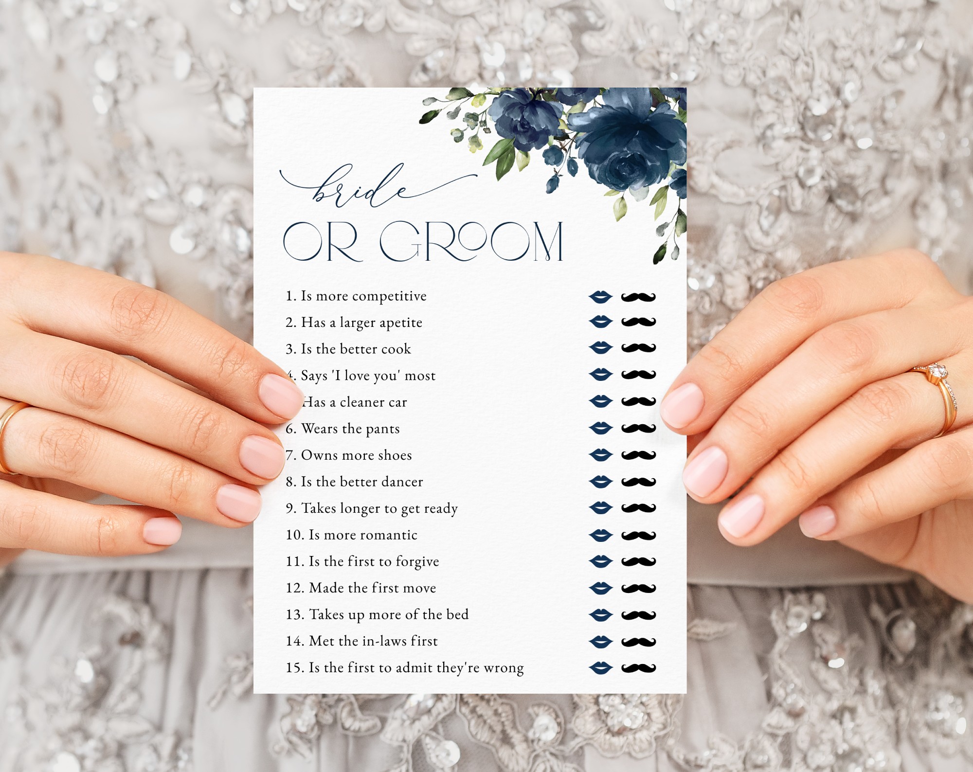 Navy Blue Flowers Bridal Shower Games, Set of 3 Games, Printable File, Edit Yourself, SH161