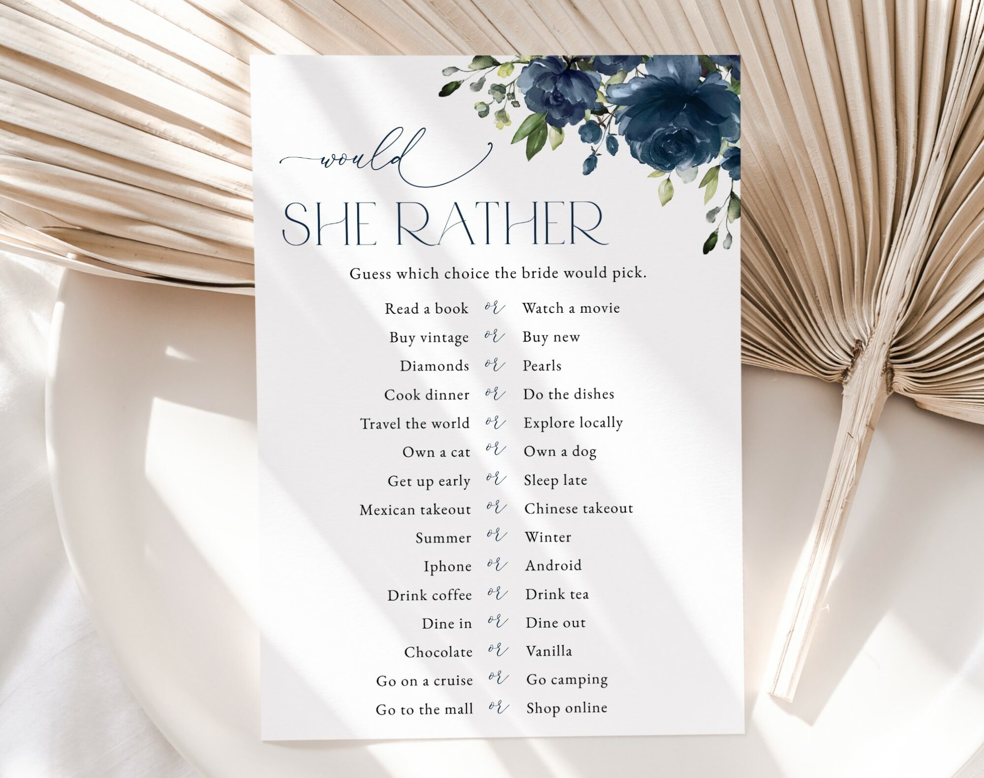 Navy Blue Flowers Bridal Shower Games, Set of 3 Games, Printable File, Edit Yourself, SH161