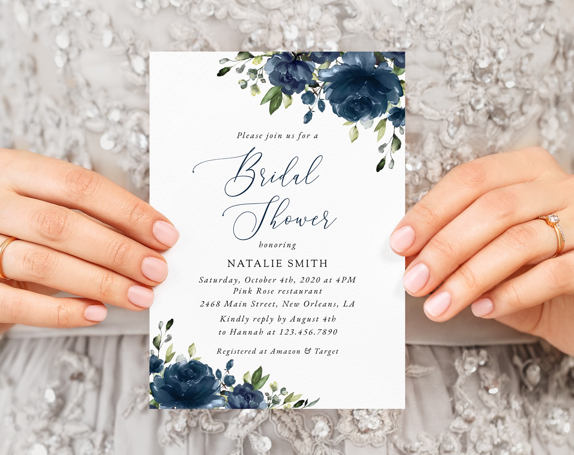 Navy Blue Flowers Bridal Shower Invitation, Bridal Stationery, Printable File, Edit Yourself, SH161