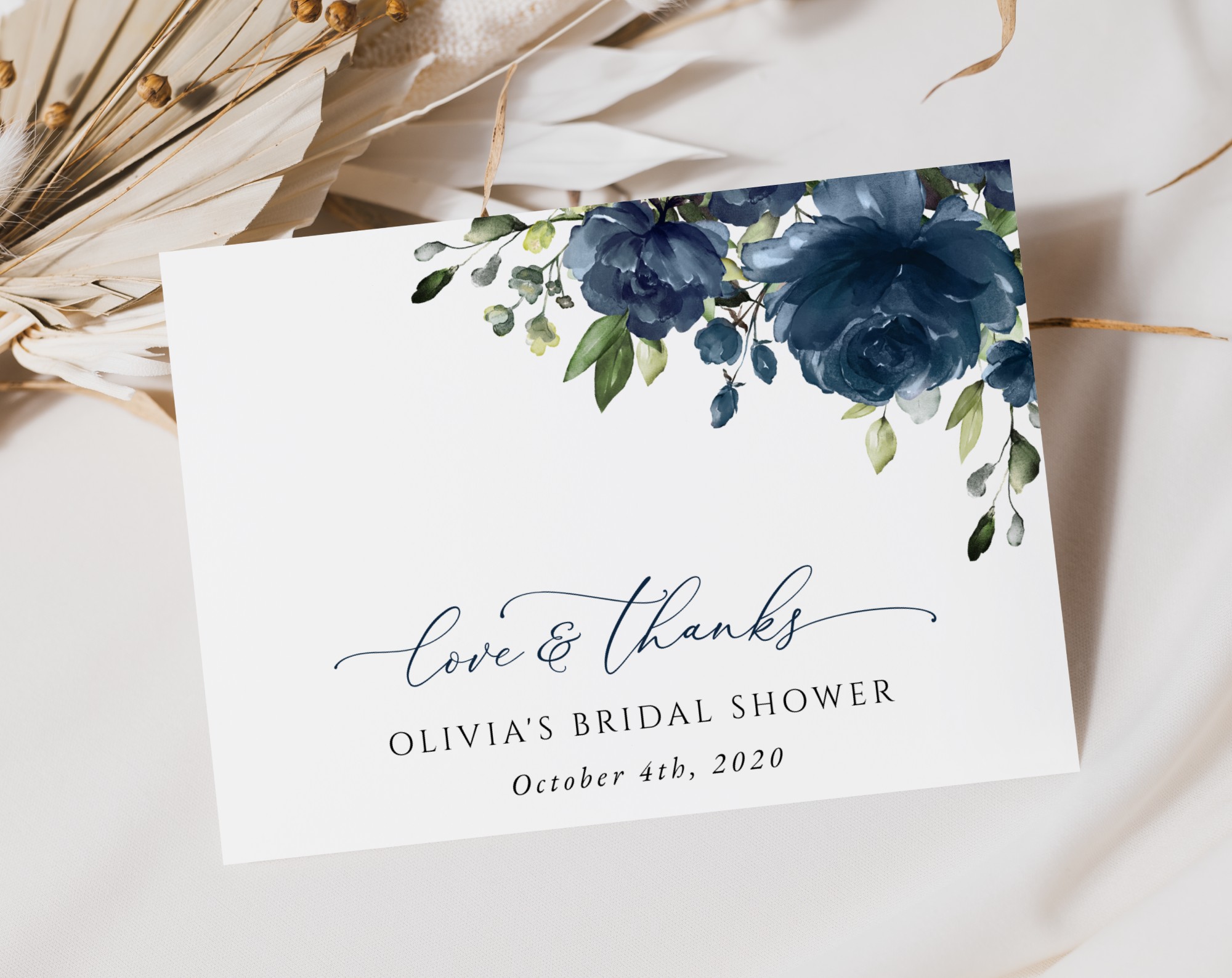 Navy Blue Flowers Thank You Card, Bridal Shower Stationery, Printable File, Edit Yourself, SH161