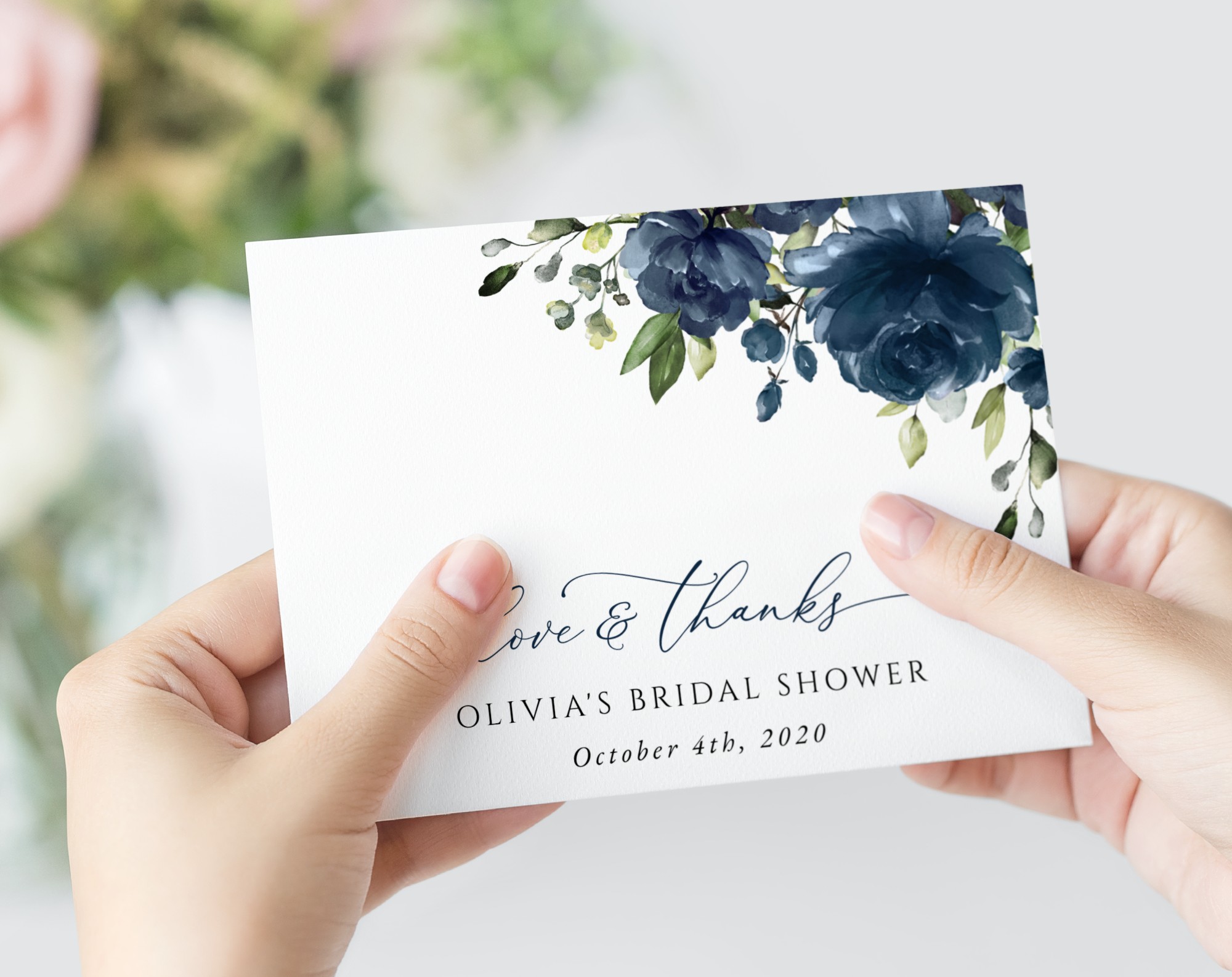 Navy Blue Flowers Thank You Card, Bridal Shower Stationery, Printable File, Edit Yourself, SH161