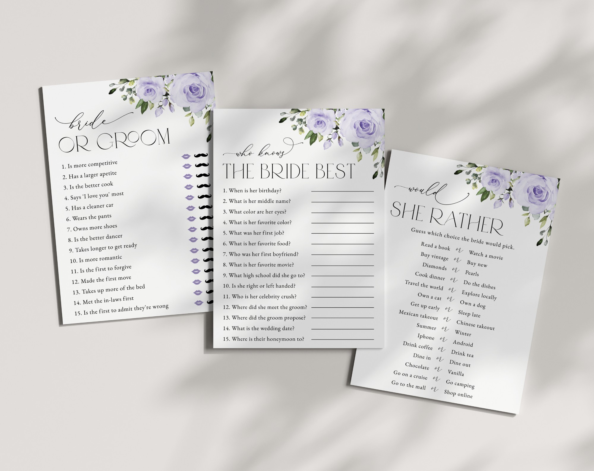 Purple Flowers Bridal Shower Games, Set of 3 Games, Printable File, Edit Yourself, SH162