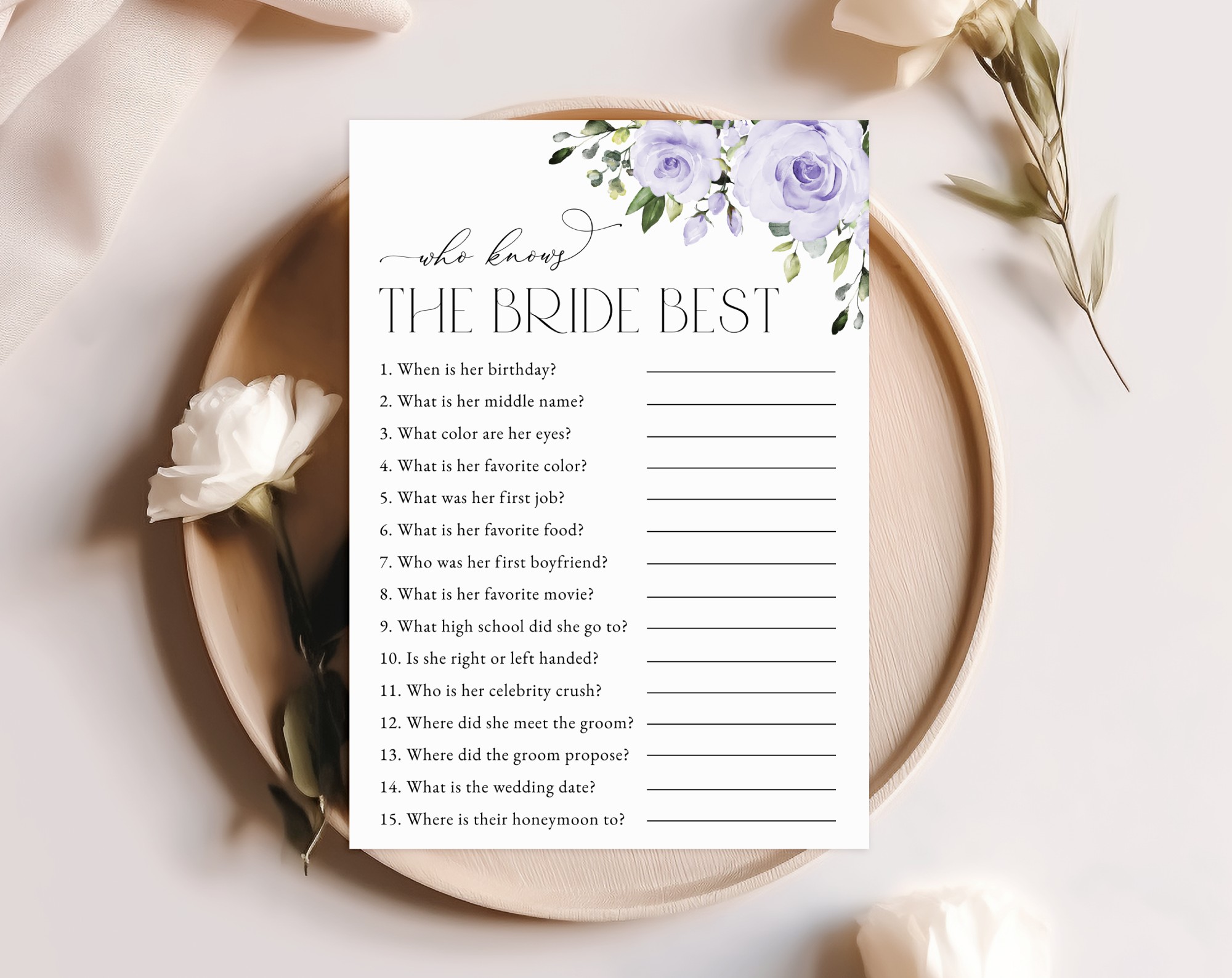 Purple Flowers Bridal Shower Games, Set of 3 Games, Printable File, Edit Yourself, SH162