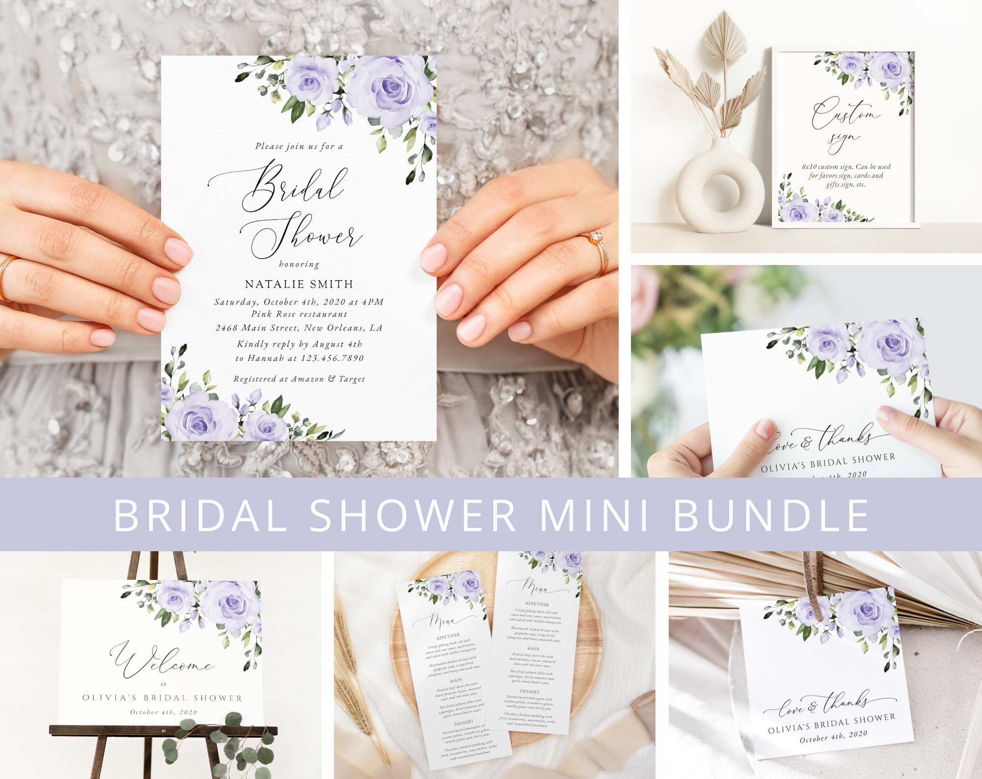 Purple Flowers Bridal Shower Mini Bundle, Printable File, Edit Yourself, SH162