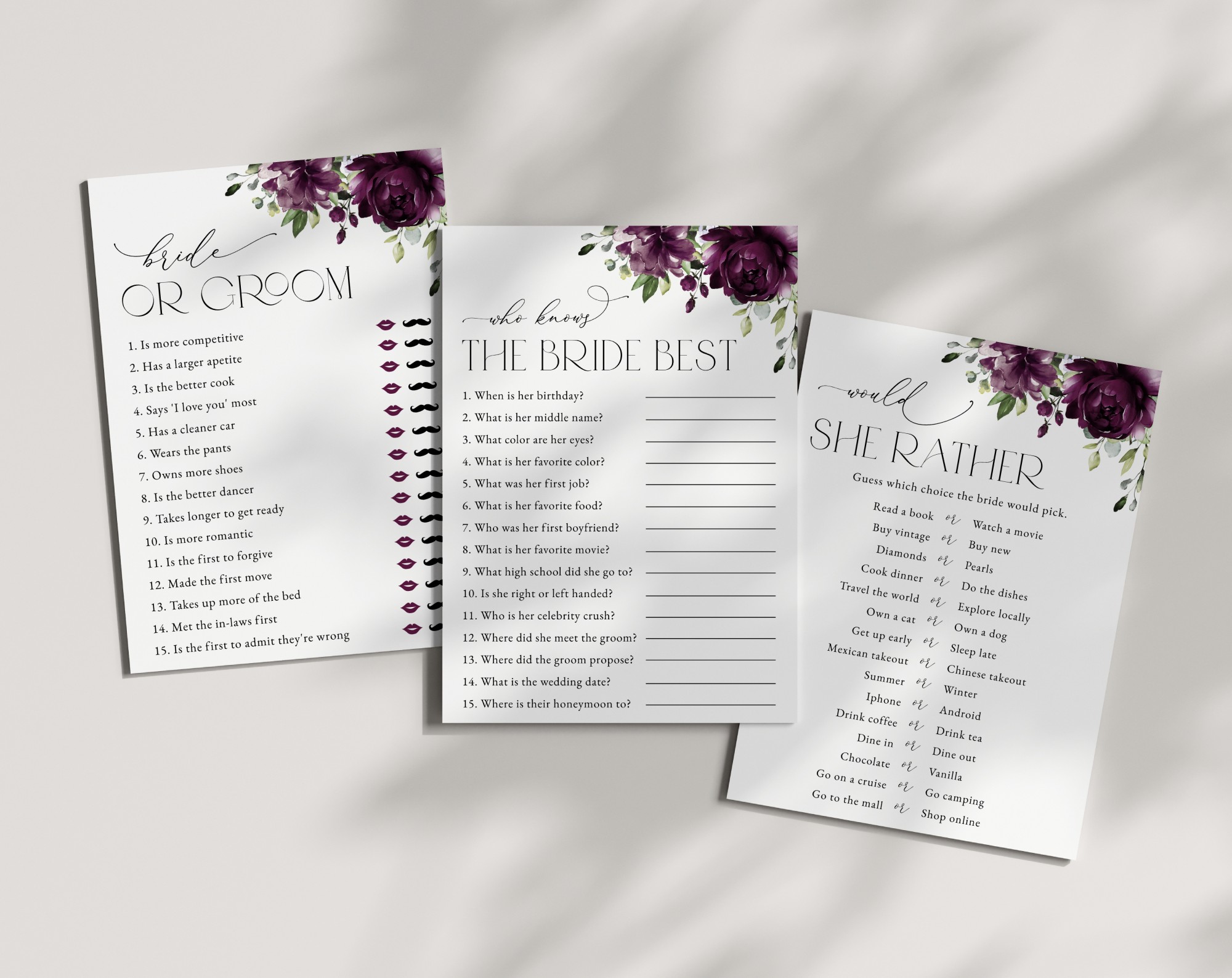 Plum Purple Flowers Bridal Shower Games, Set of 3 Games, Printable File, Edit Yourself, SH163
