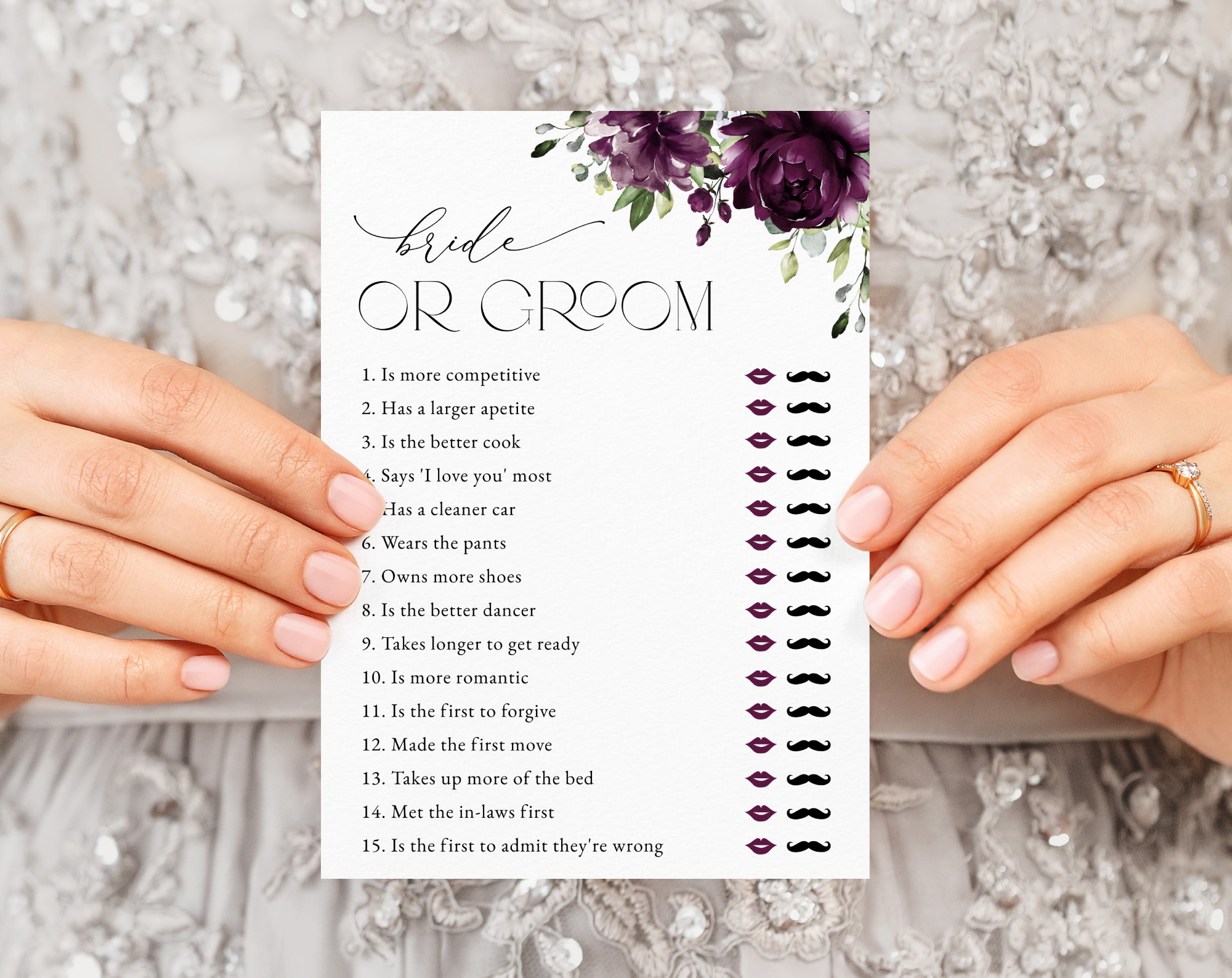 Plum Purple Flowers Bridal Shower Games, Set of 3 Games, Printable File, Edit Yourself, SH163