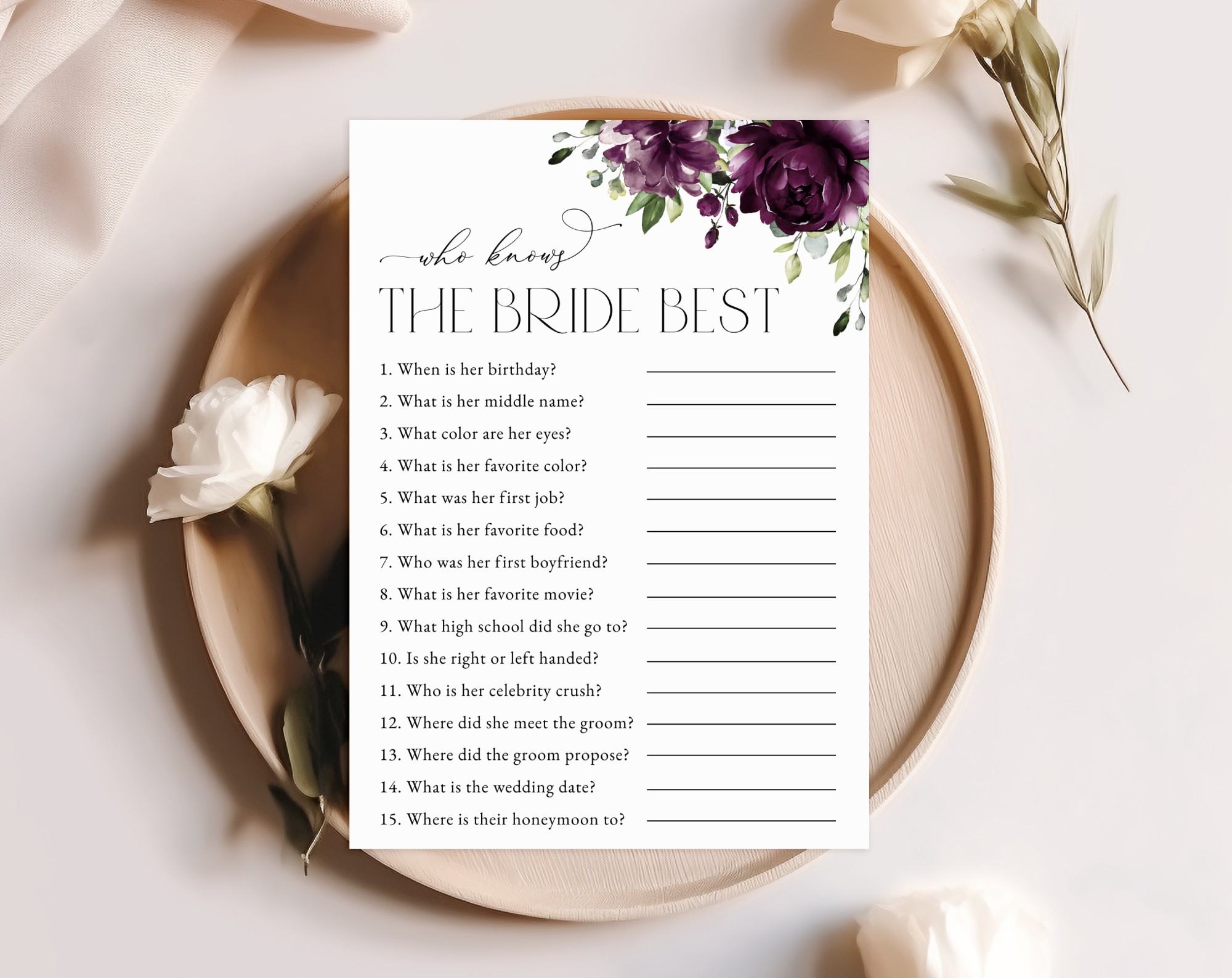 Plum Purple Flowers Bridal Shower Games, Set of 3 Games, Printable File, Edit Yourself, SH163