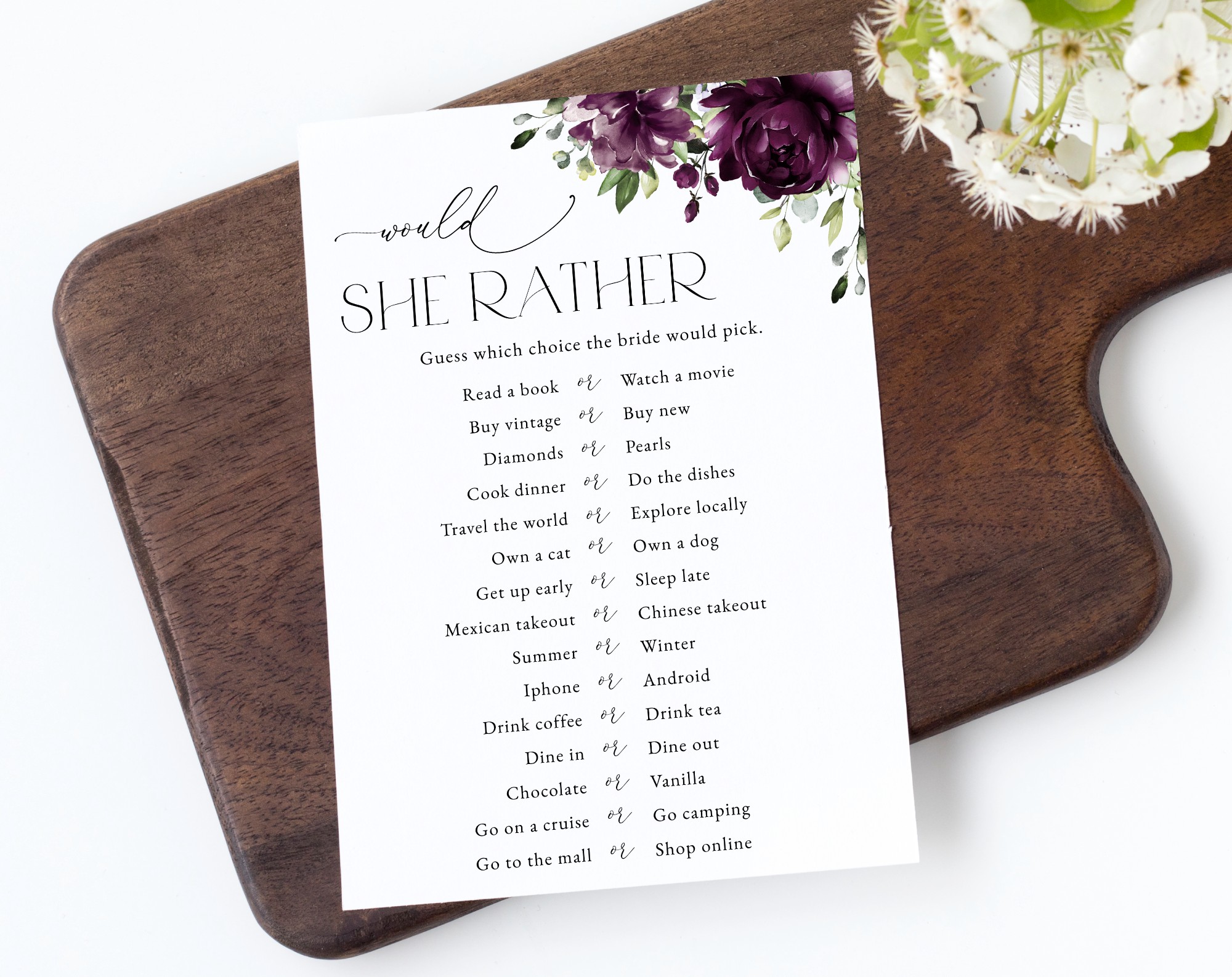 Plum Purple Flowers Bridal Shower Games, Set of 3 Games, Printable File, Edit Yourself, SH163