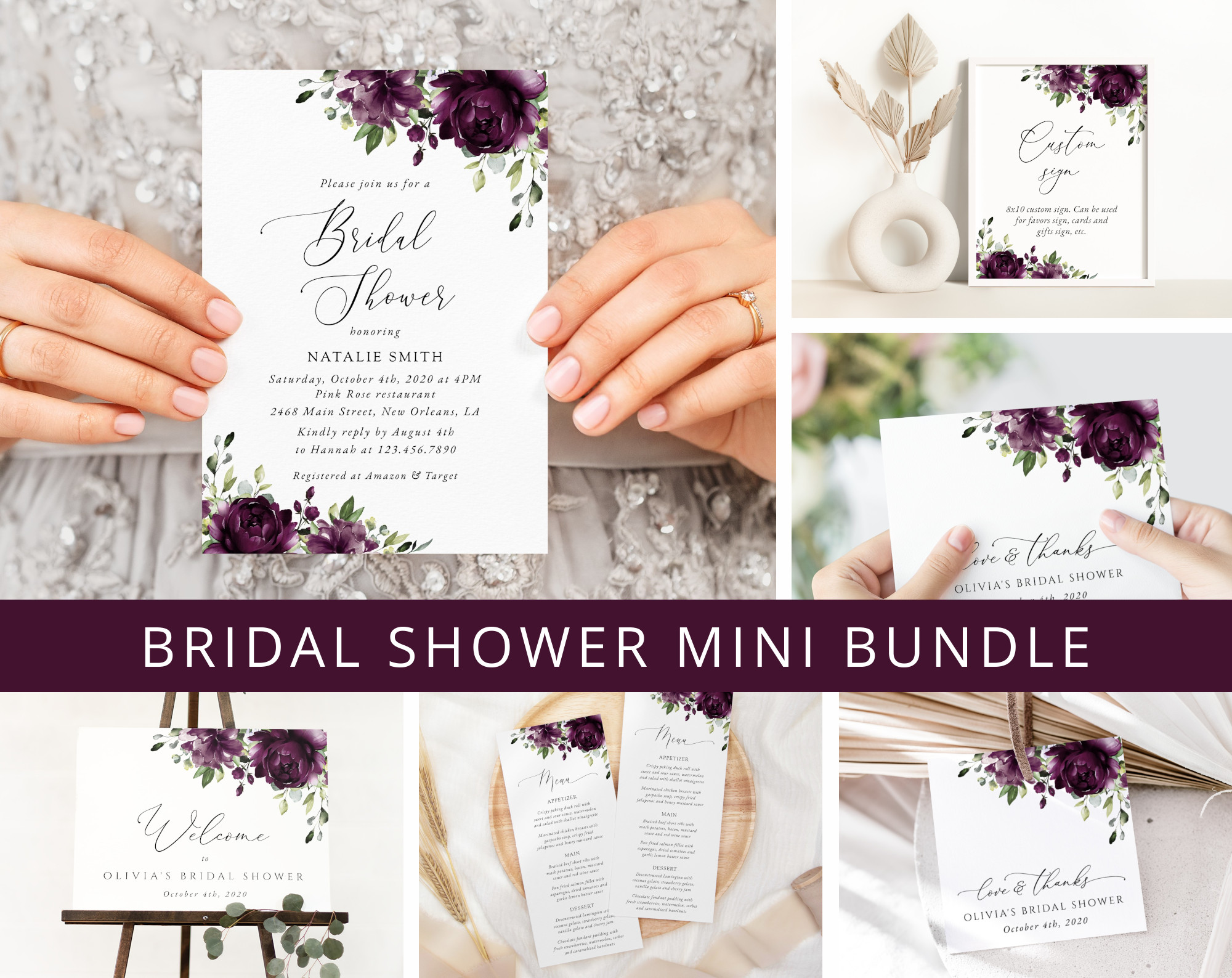 Plum Purple Flowers Bridal Shower Mini Bundle, Printable File, Edit Yourself, SH163