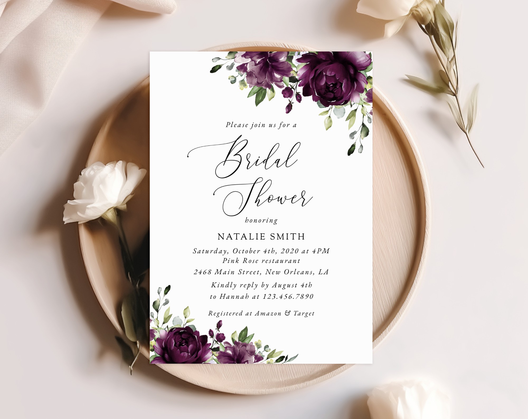 Plum Purple Flowers Bridal Shower Invitation, Bridal Stationery, Printable File, Edit Yourself, SH163