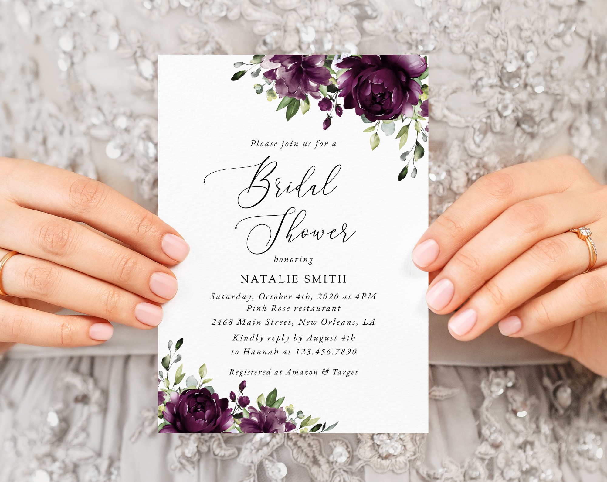 Plum Purple Flowers Bridal Shower Invitation, Bridal Stationery, Printable File, Edit Yourself, SH163