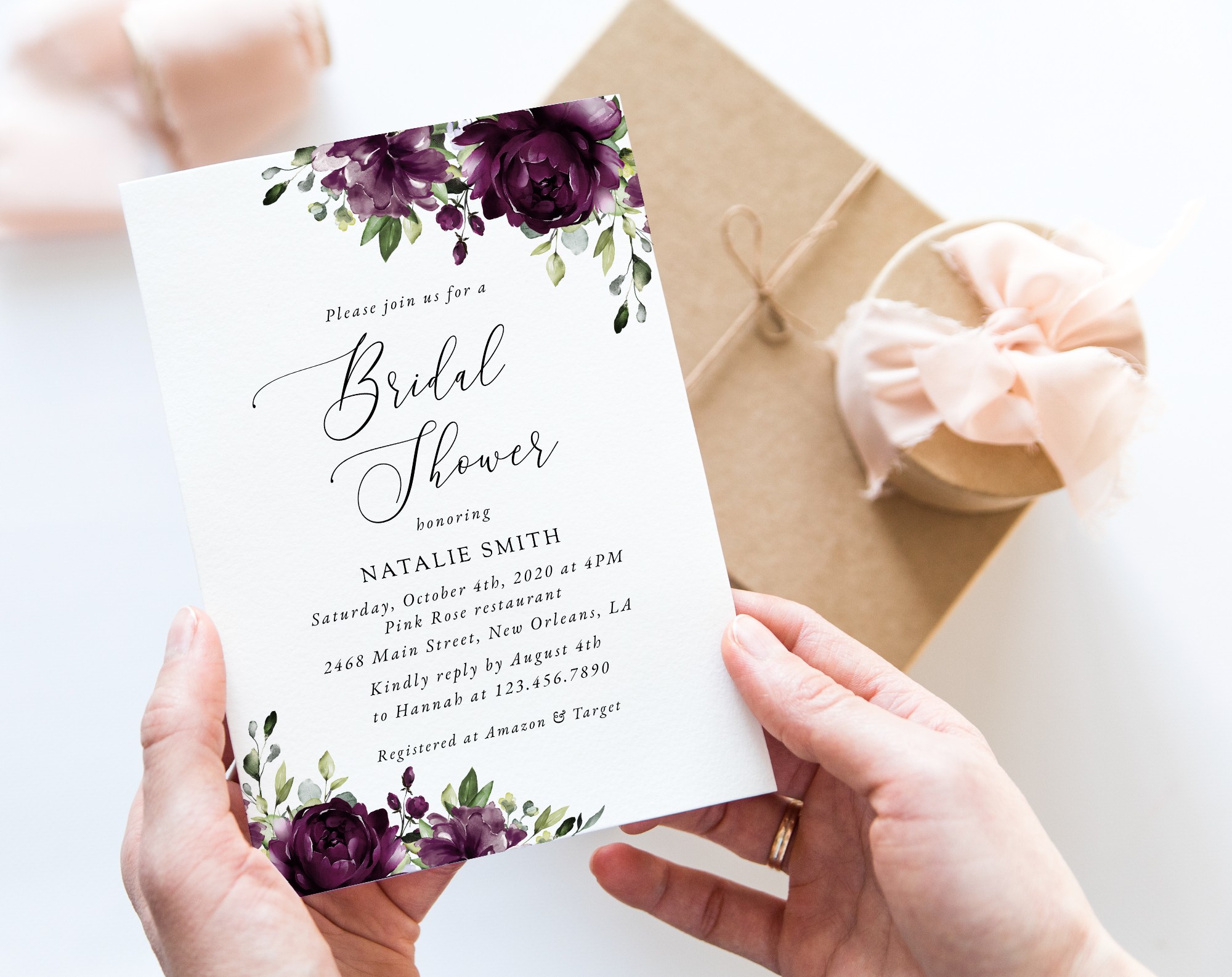 Plum Purple Flowers Bridal Shower Invitation, Bridal Stationery, Printable File, Edit Yourself, SH163