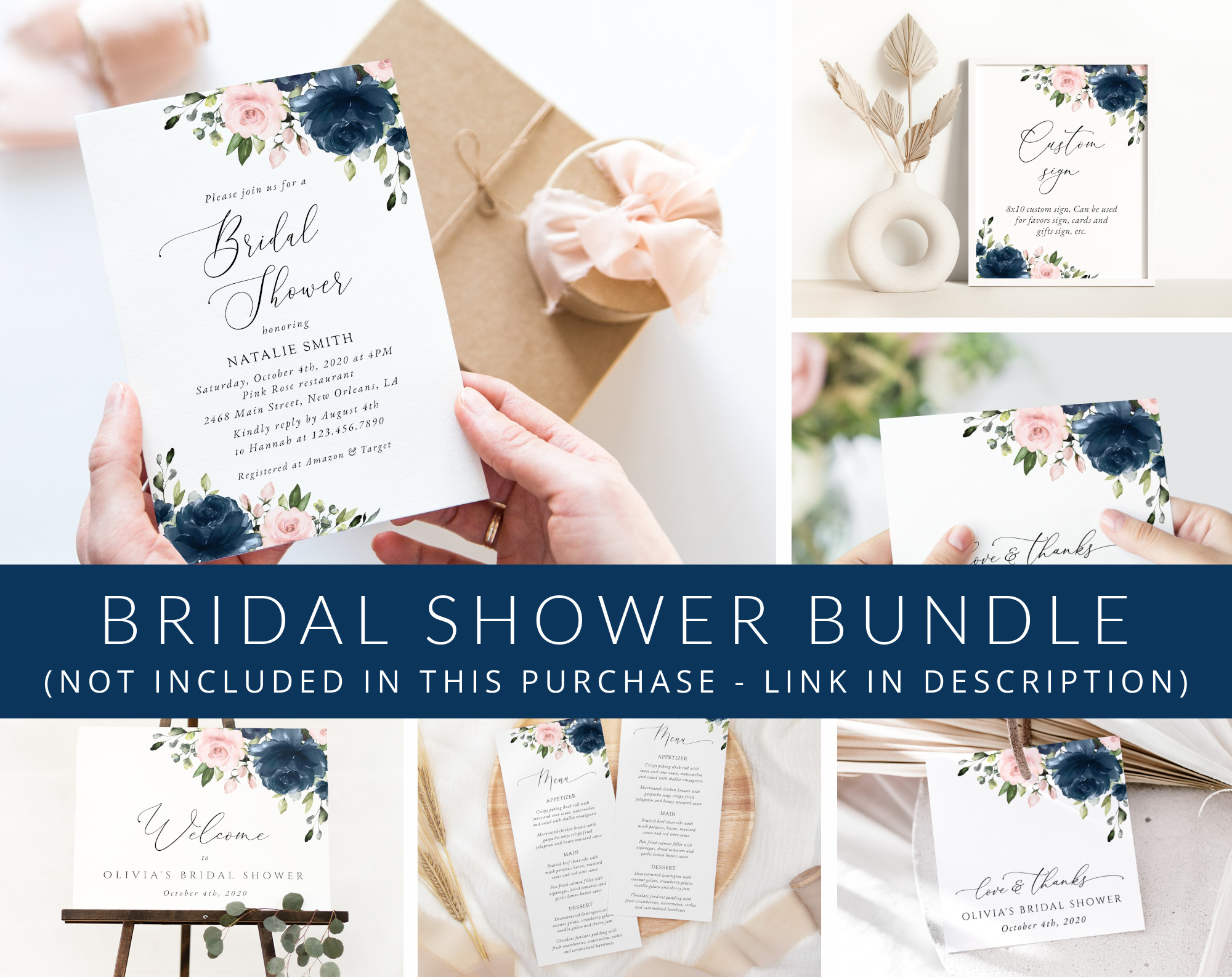 Navy and Blush Flowers Bridal Shower Mini Bundle, Printable File, Edit Yourself, SH164