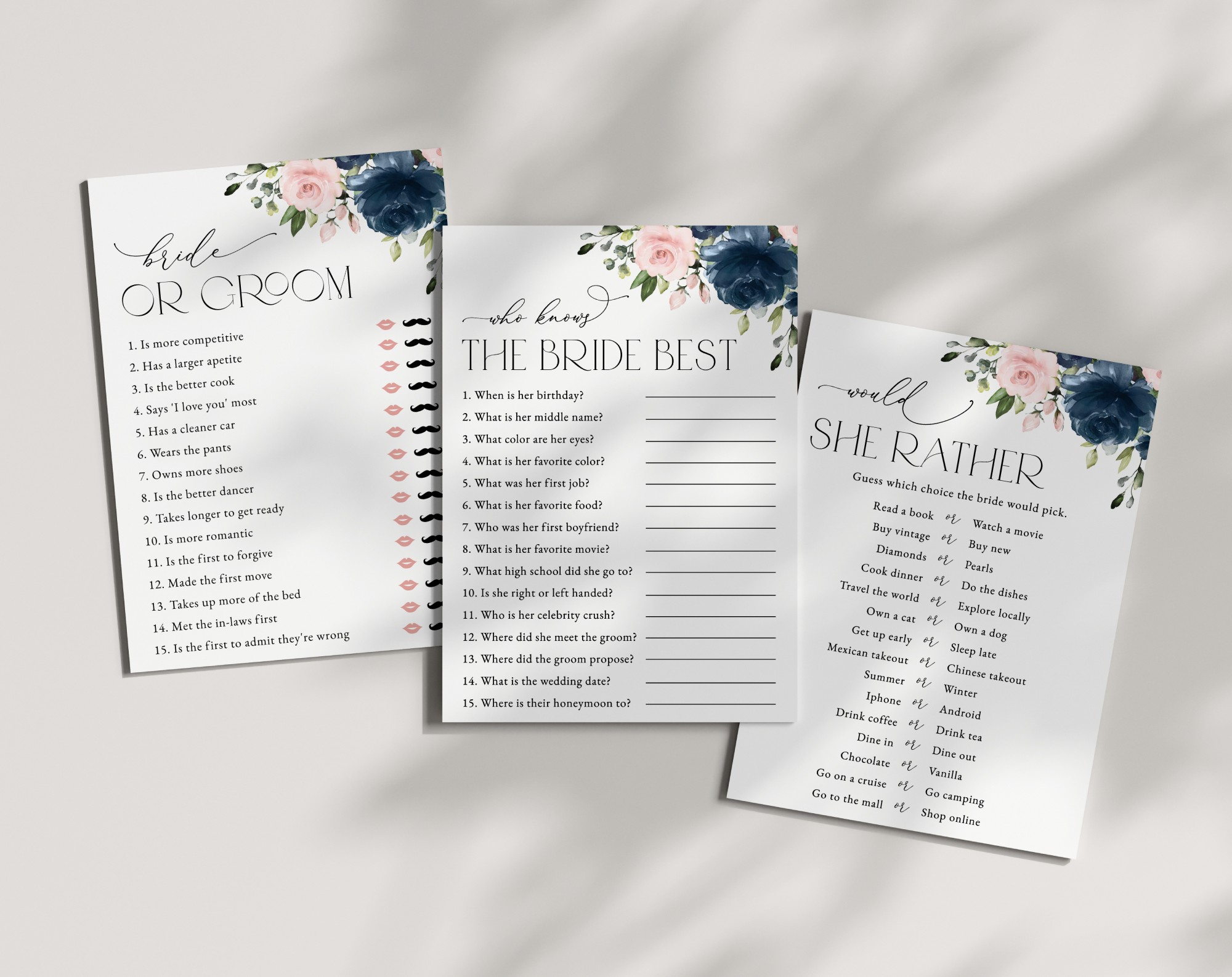 Navy and Blush Flowers Bridal Shower Games, Set of 3 Games, Printable File, Edit Yourself, SH164