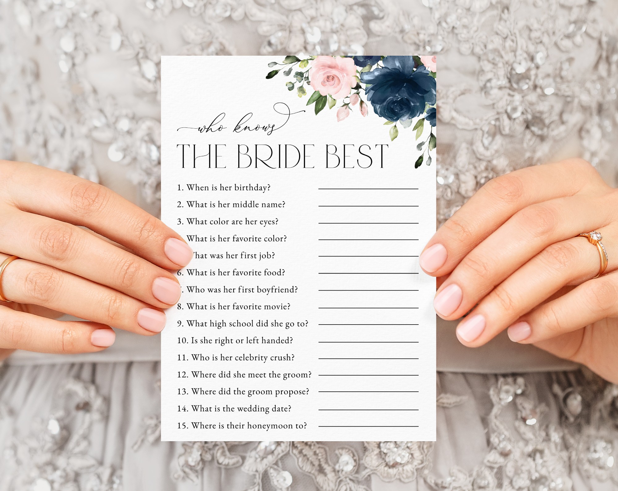 Navy and Blush Flowers Bridal Shower Games, Set of 3 Games, Printable File, Edit Yourself, SH164
