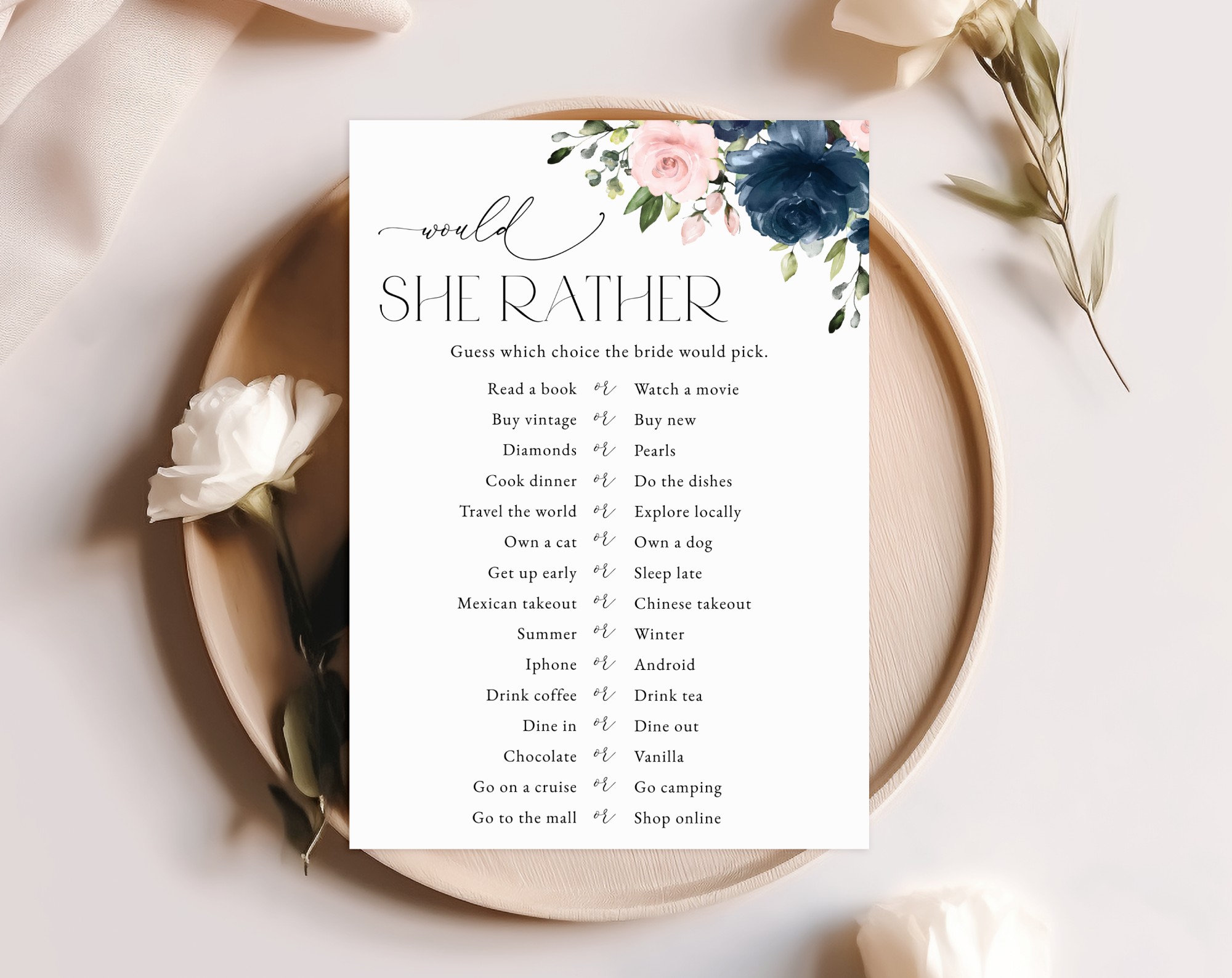 Navy and Blush Flowers Bridal Shower Games, Set of 3 Games, Printable File, Edit Yourself, SH164