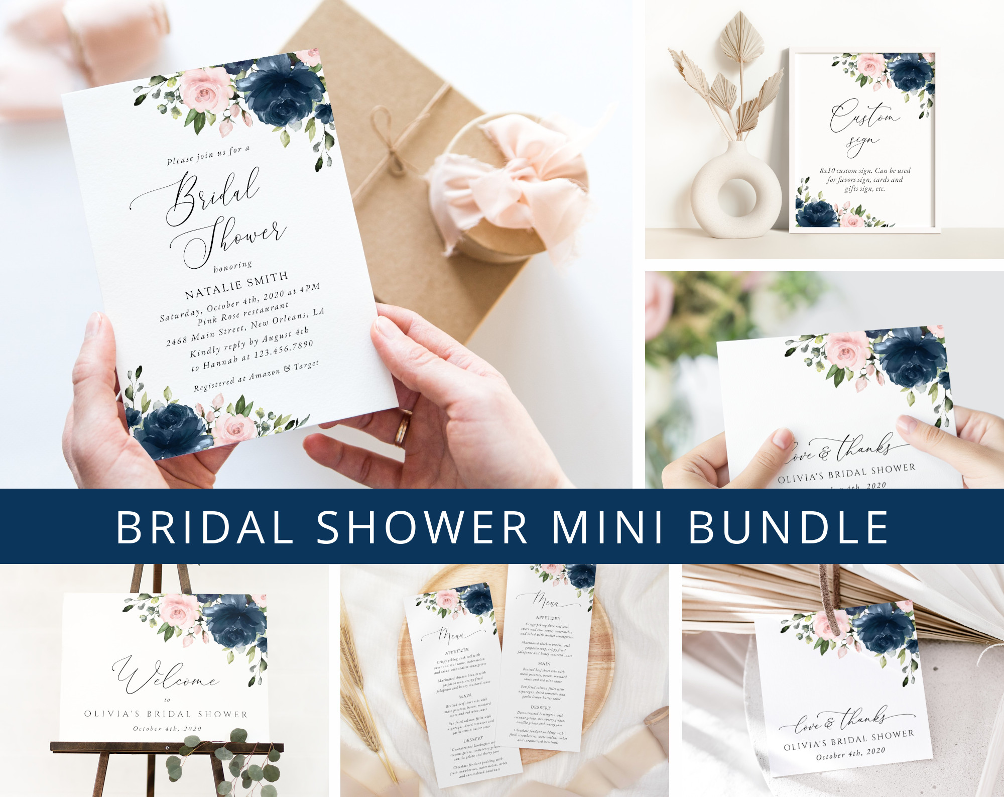 Navy and Blush Flowers Bridal Shower Mini Bundle, Printable File, Edit Yourself, SH164