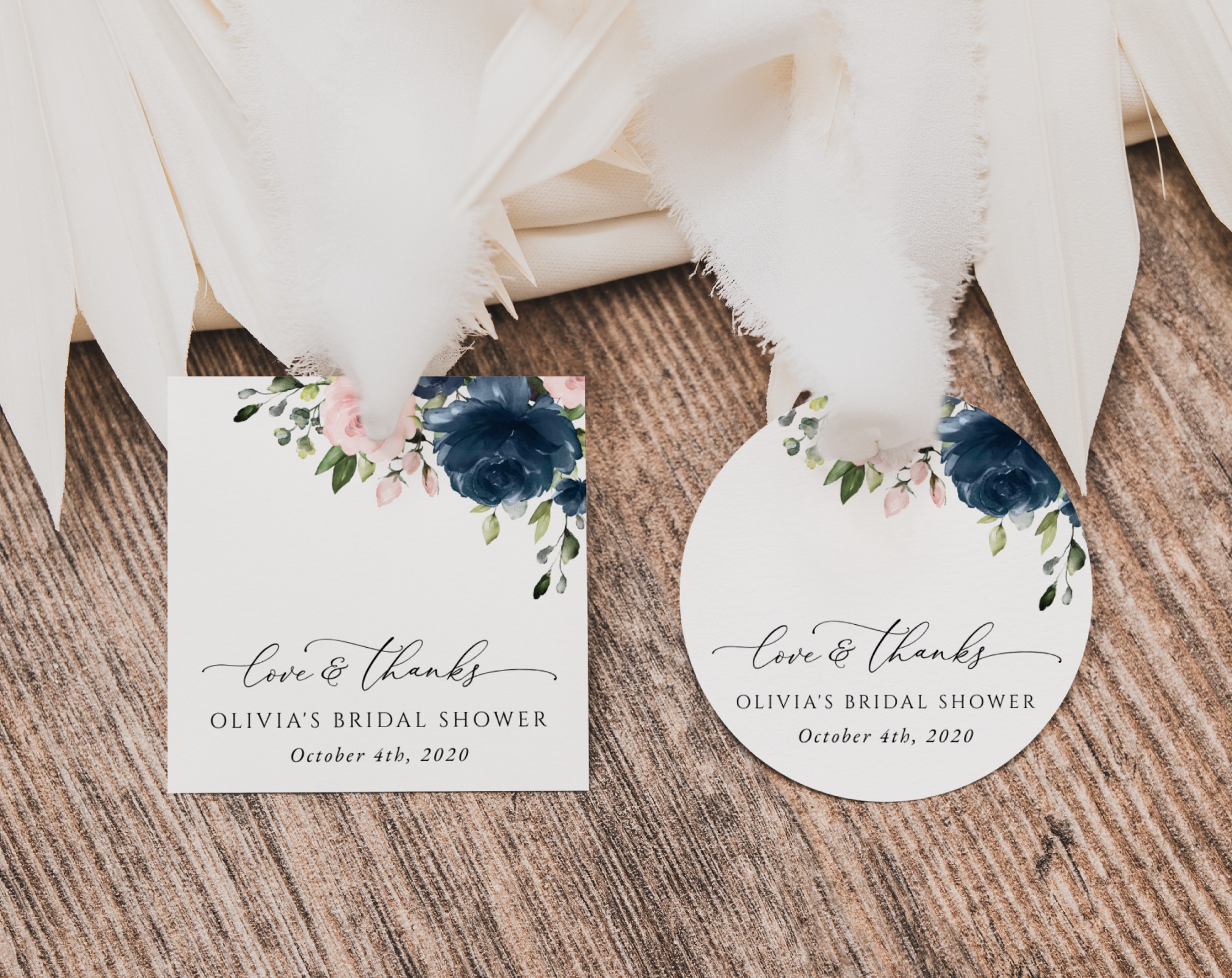 Navy and Blush Flowers Favor Tags, Gift Tags, Bridal Shower, Printable File, Edit Yourself, SH164