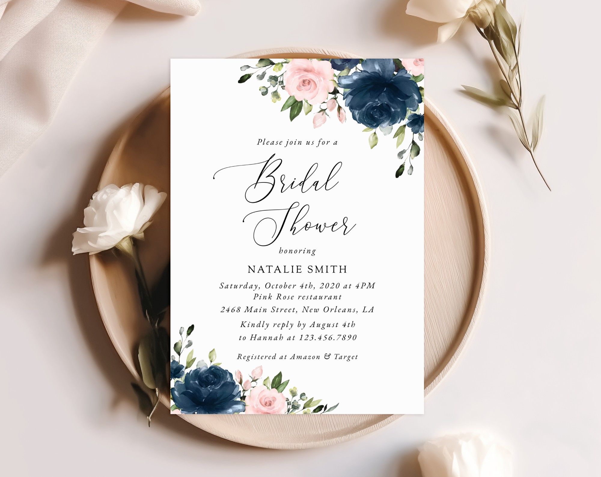 Navy and Blush Flowers Bridal Shower Invitation, Bridal Stationery, Printable File, Edit Yourself, SH164