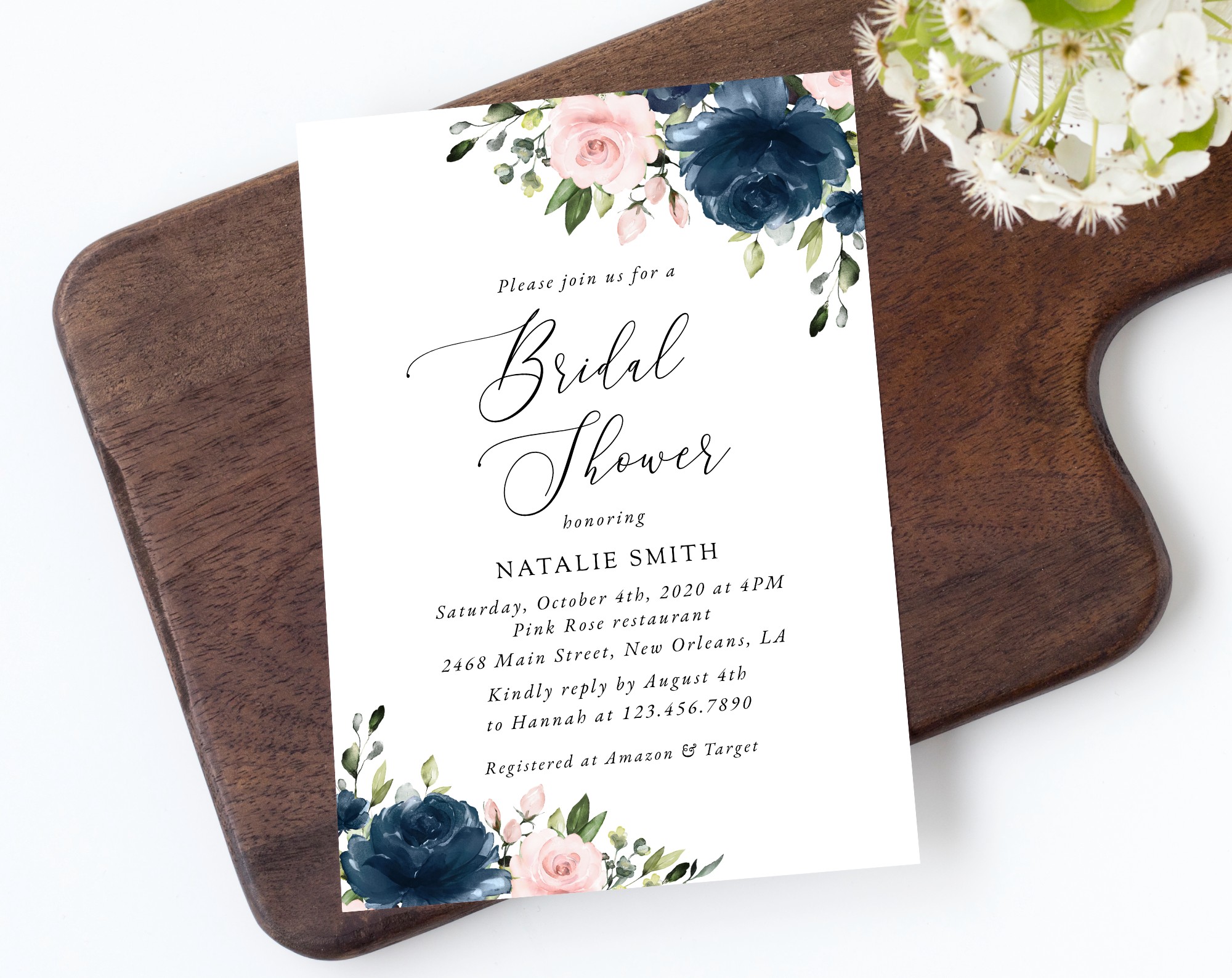 Navy and Blush Flowers Bridal Shower Invitation, Bridal Stationery, Printable File, Edit Yourself, SH164