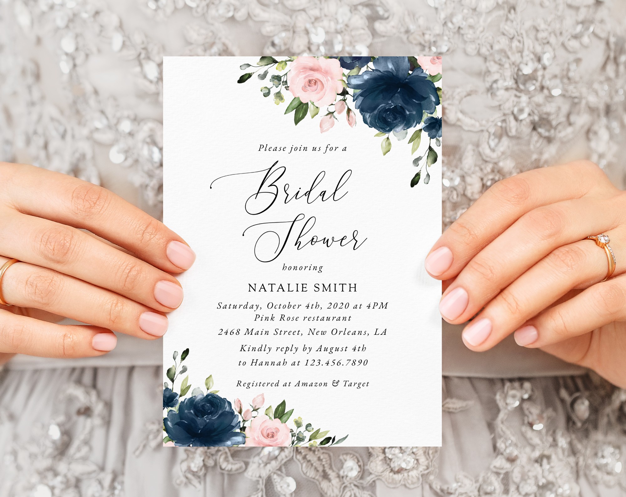 Navy and Blush Flowers Bridal Shower Invitation, Bridal Stationery, Printable File, Edit Yourself, SH164
