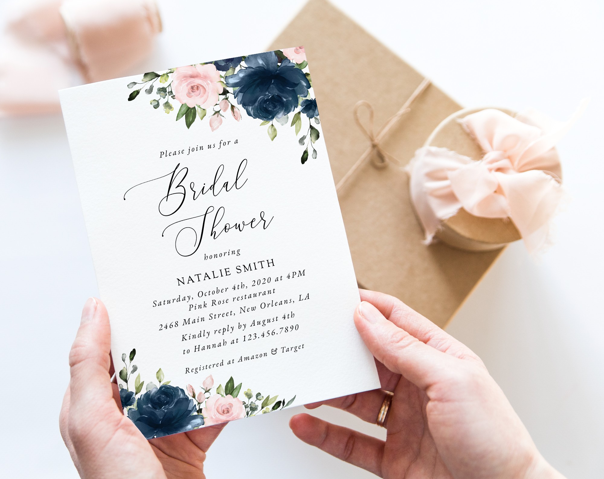 Navy and Blush Flowers Bridal Shower Invitation, Bridal Stationery, Printable File, Edit Yourself, SH164