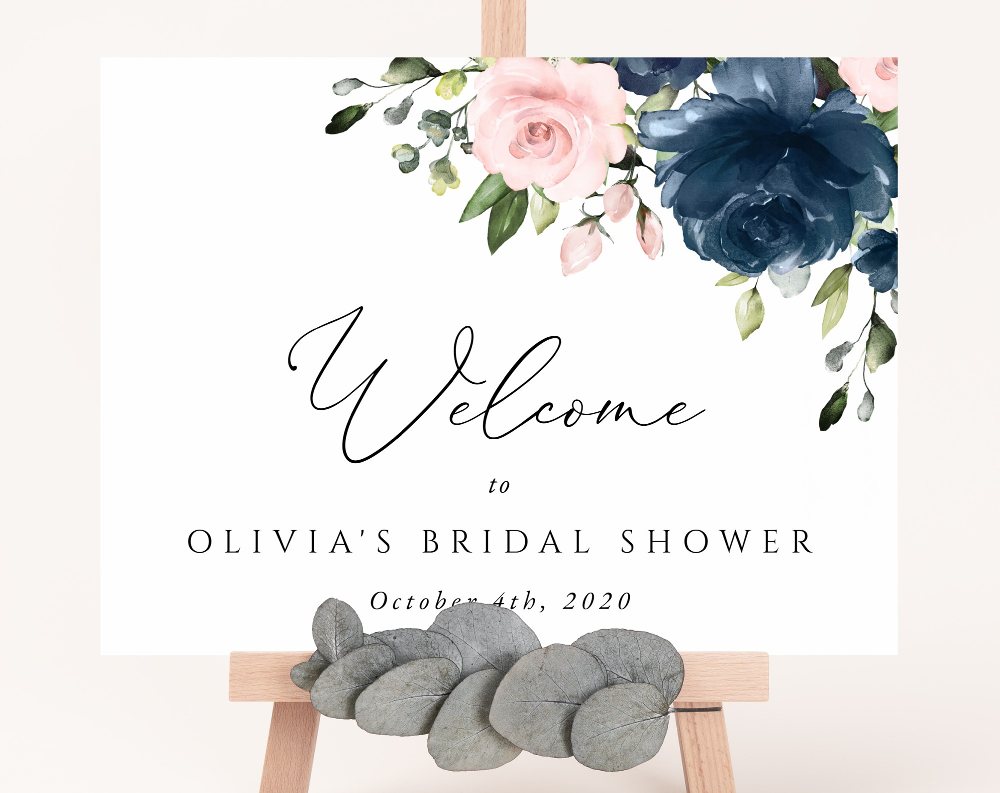 Navy and Blush Flowers Welcome Sign, Bridal Shower Sign, Printable File, Edit Yourself, SH164