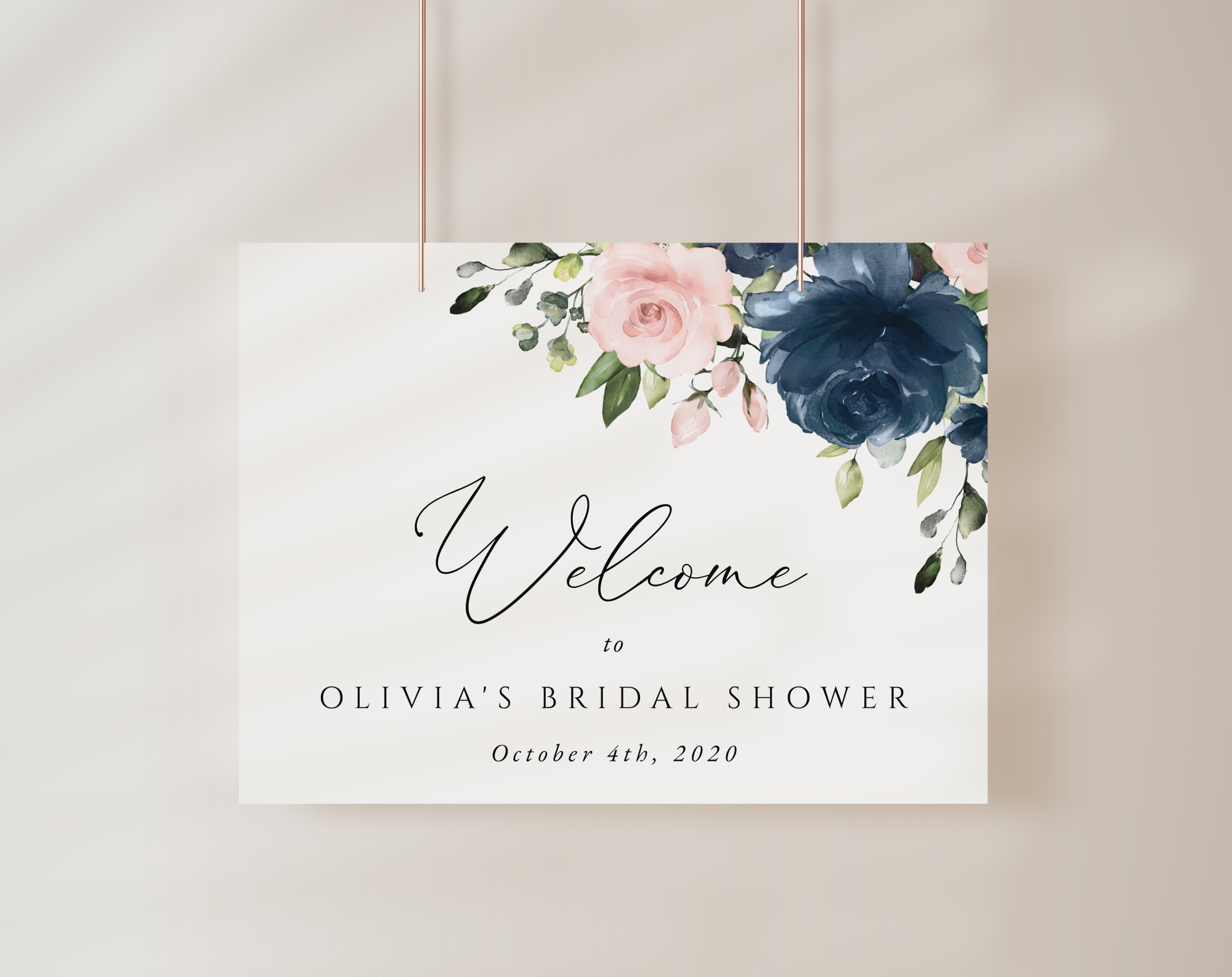 Navy and Blush Flowers Welcome Sign, Bridal Shower Sign, Printable File, Edit Yourself, SH164