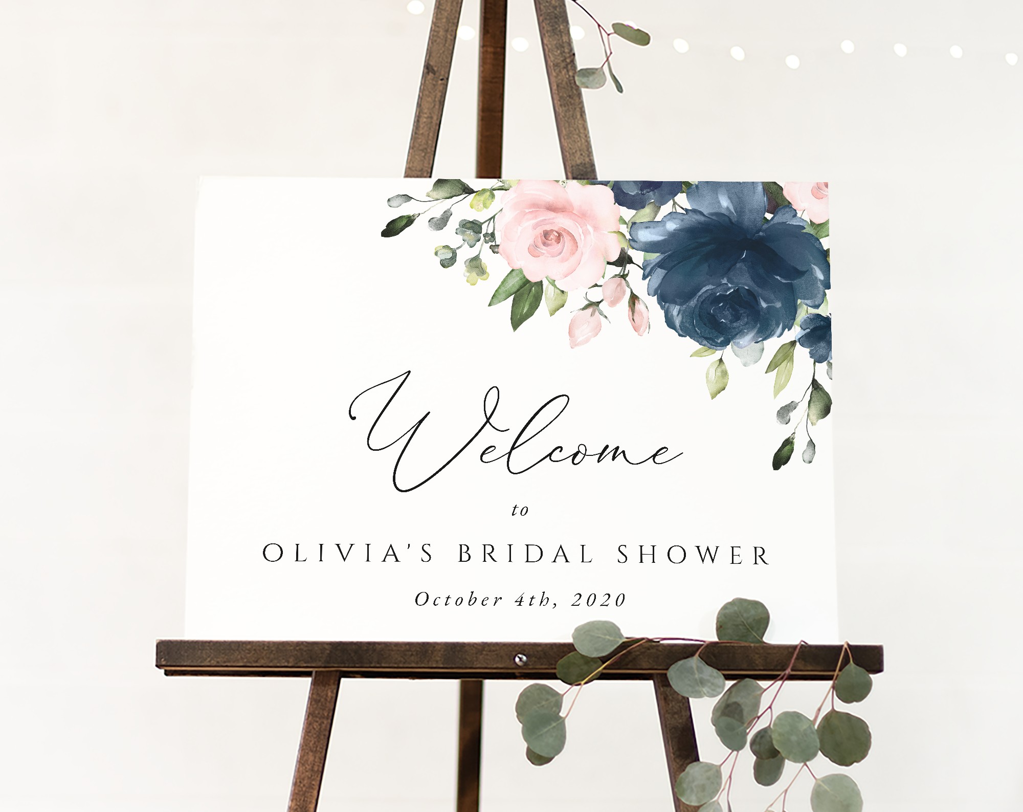Navy and Blush Flowers Welcome Sign, Bridal Shower Sign, Printable File, Edit Yourself, SH164