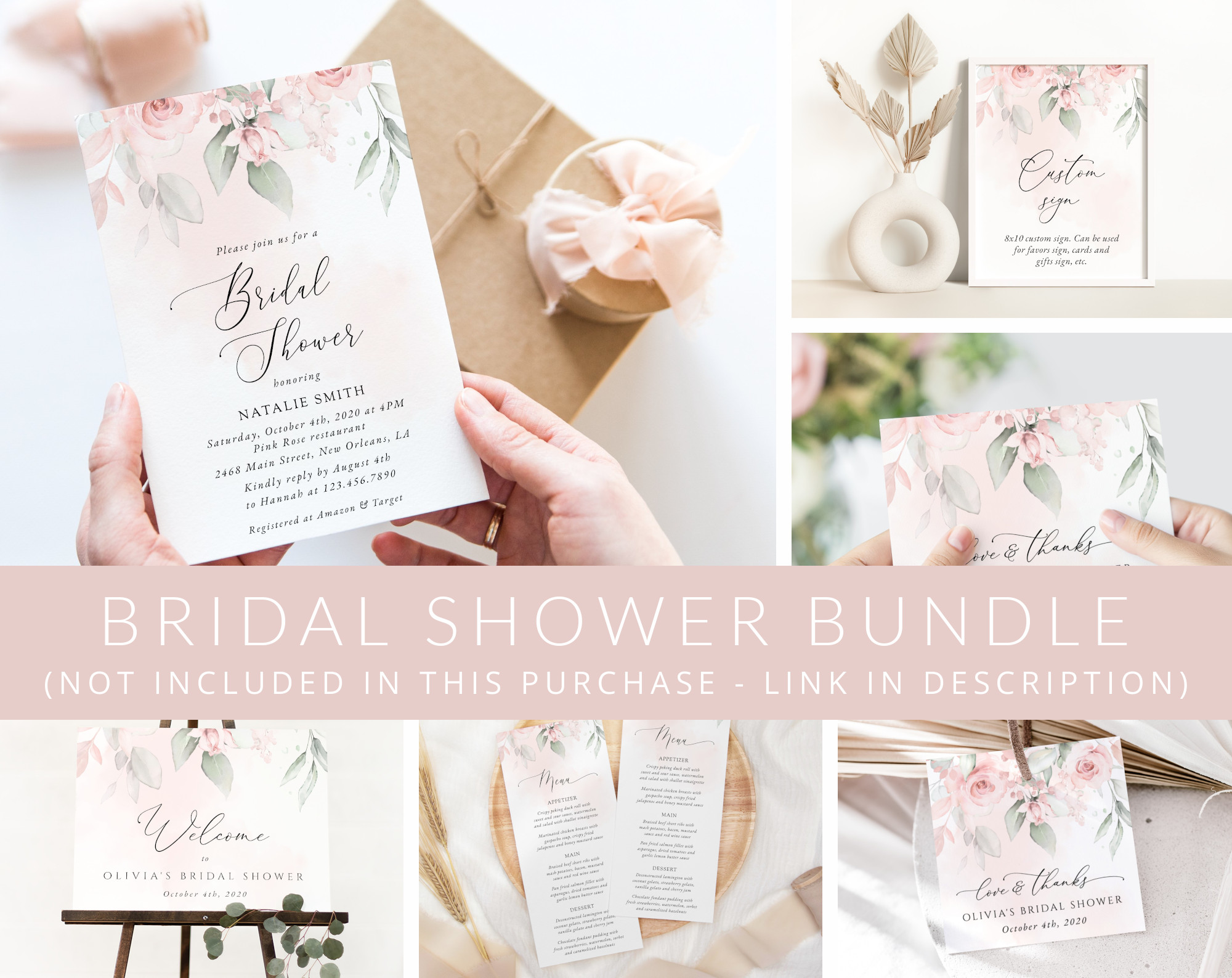 Blush Pink Flowers Bridal Shower Mini Bundle, Printable File, Edit Yourself, SH165