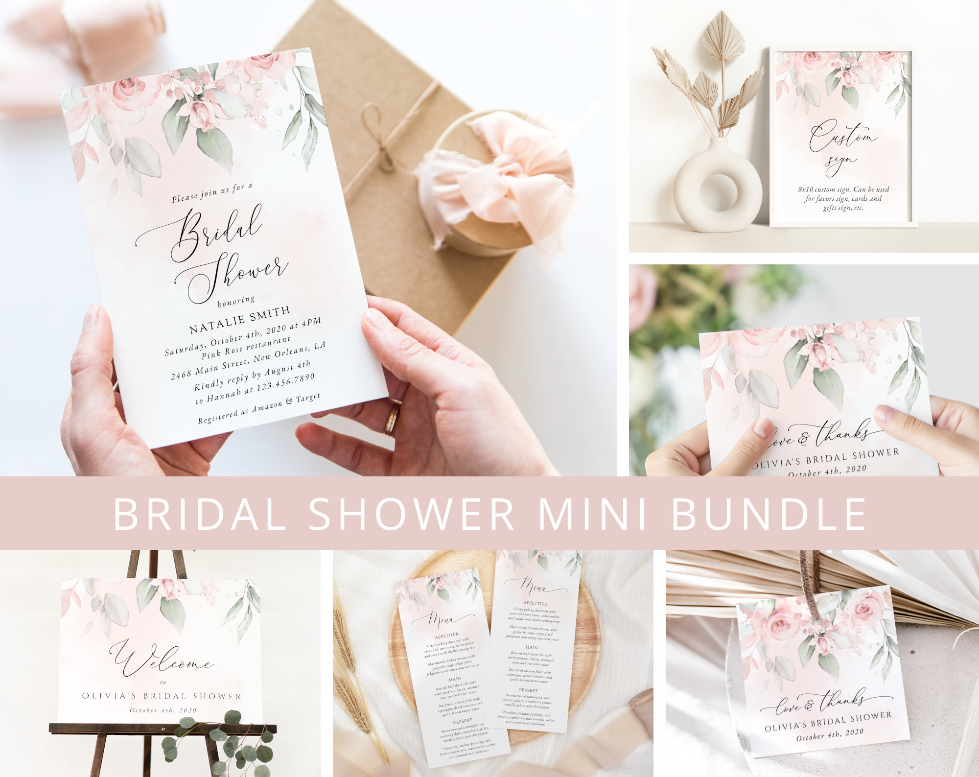 Blush Pink Flowers Bridal Shower Mini Bundle, Printable File, Edit Yourself, SH165