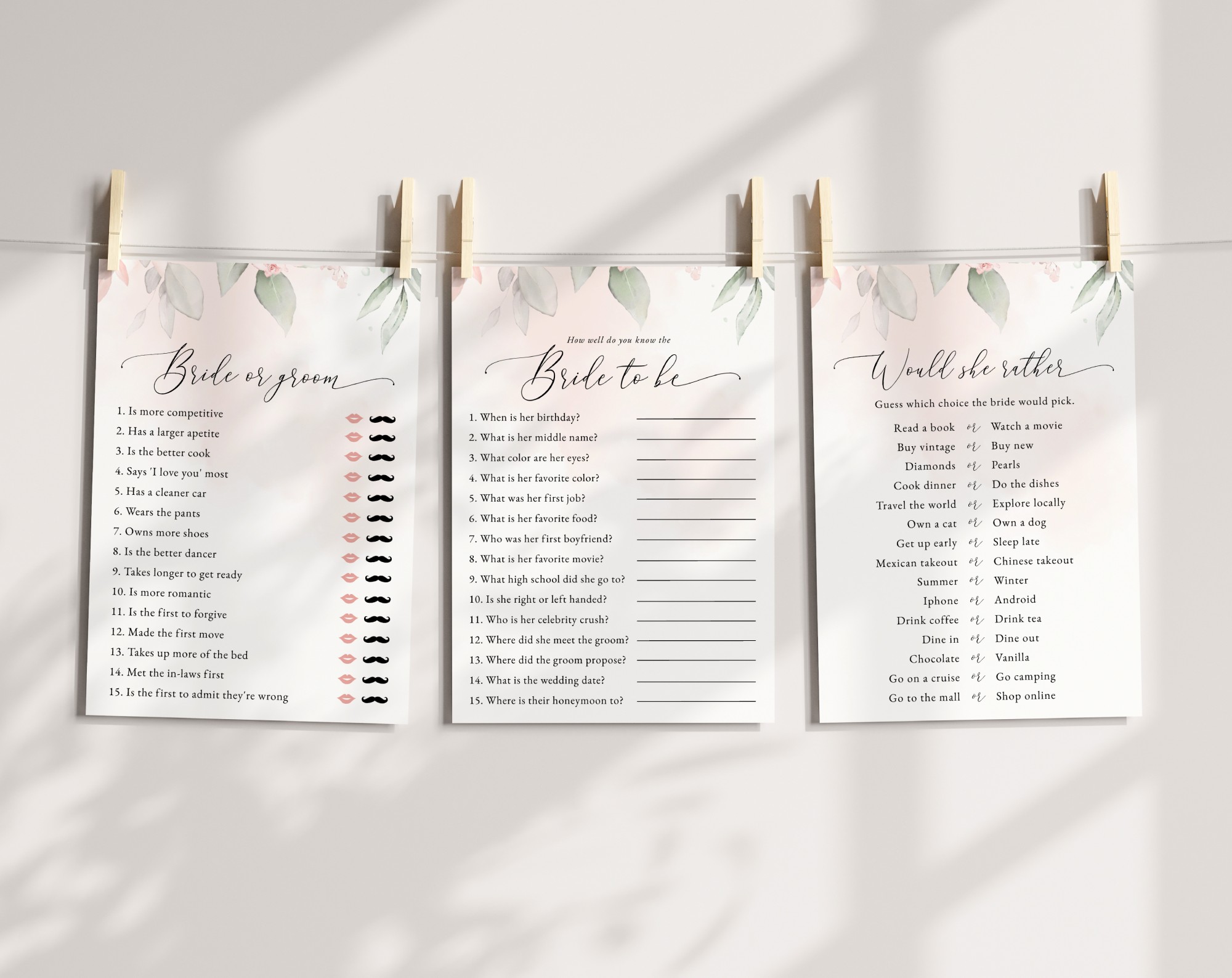 Blush Pink Flowers Bridal Shower Games, Set of 3 Games, Printable File, Edit Yourself, SH165