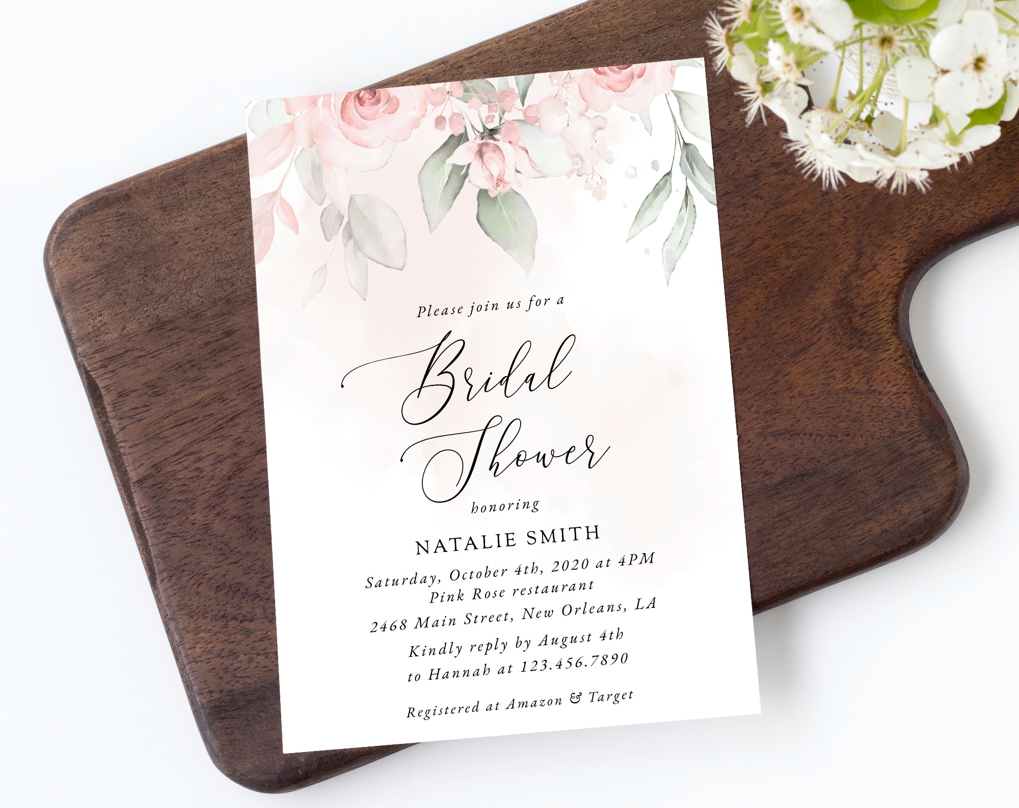 Blush Pink Flowers Bridal Shower Invitation, Bridal Stationery, Printable File, Edit Yourself, SH165