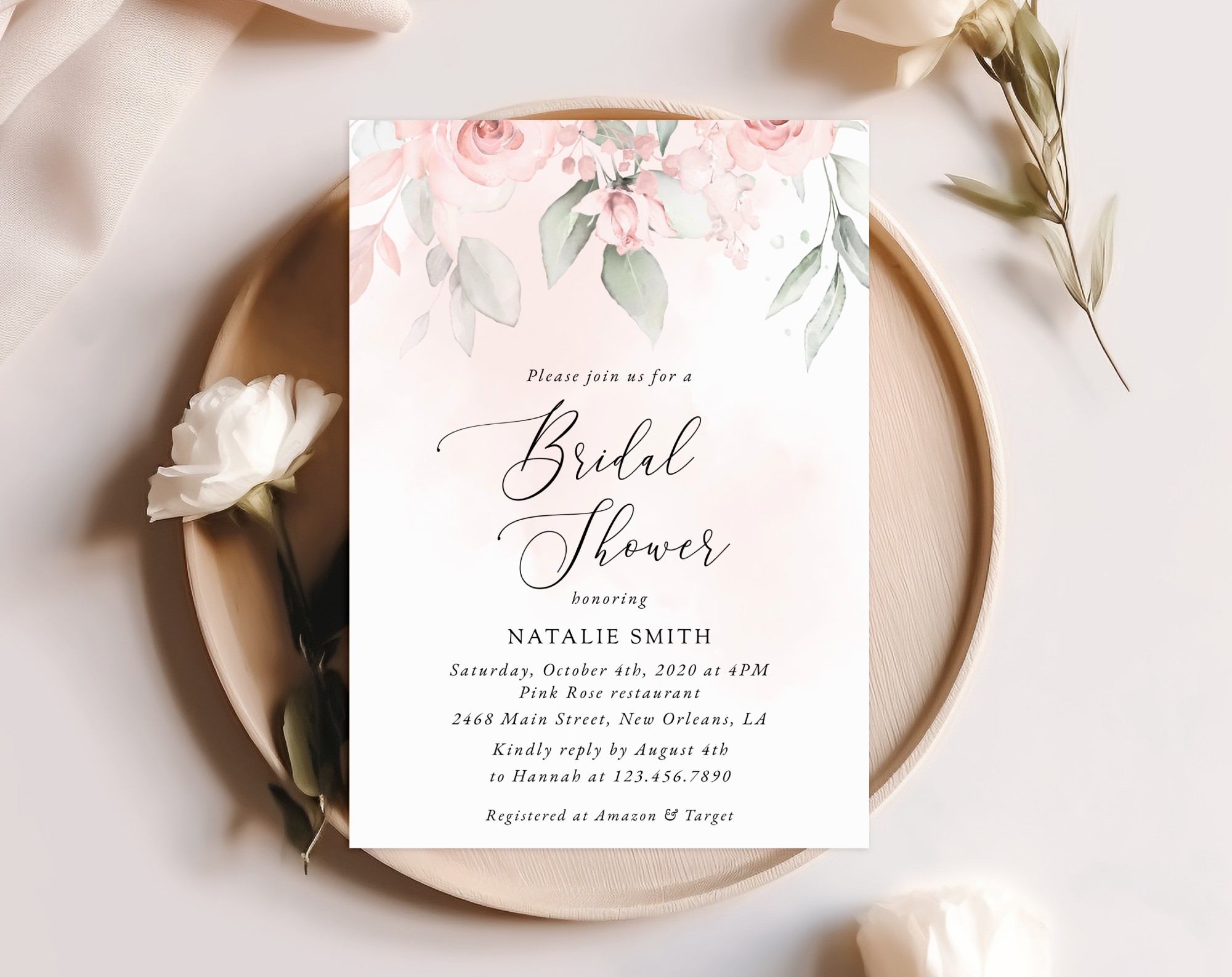 Blush Pink Flowers Bridal Shower Invitation, Bridal Stationery, Printable File, Edit Yourself, SH165