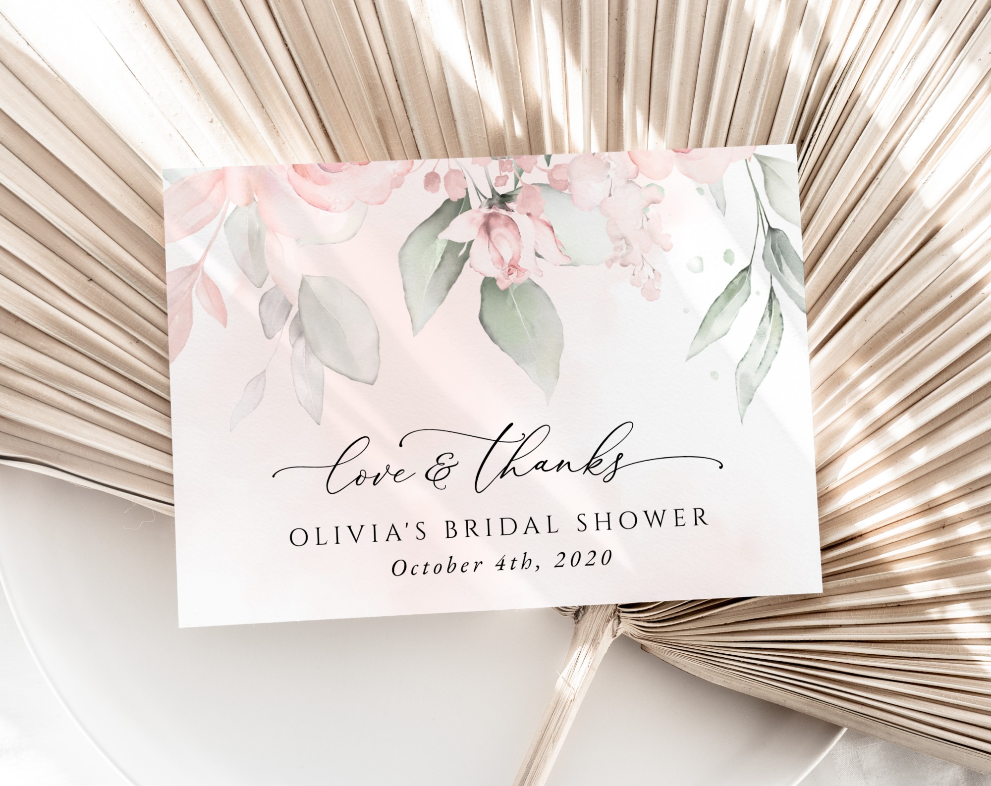 Blush Pink Flowers Thank You Card, Bridal Shower Stationery, Printable File, Edit Yourself, SH165