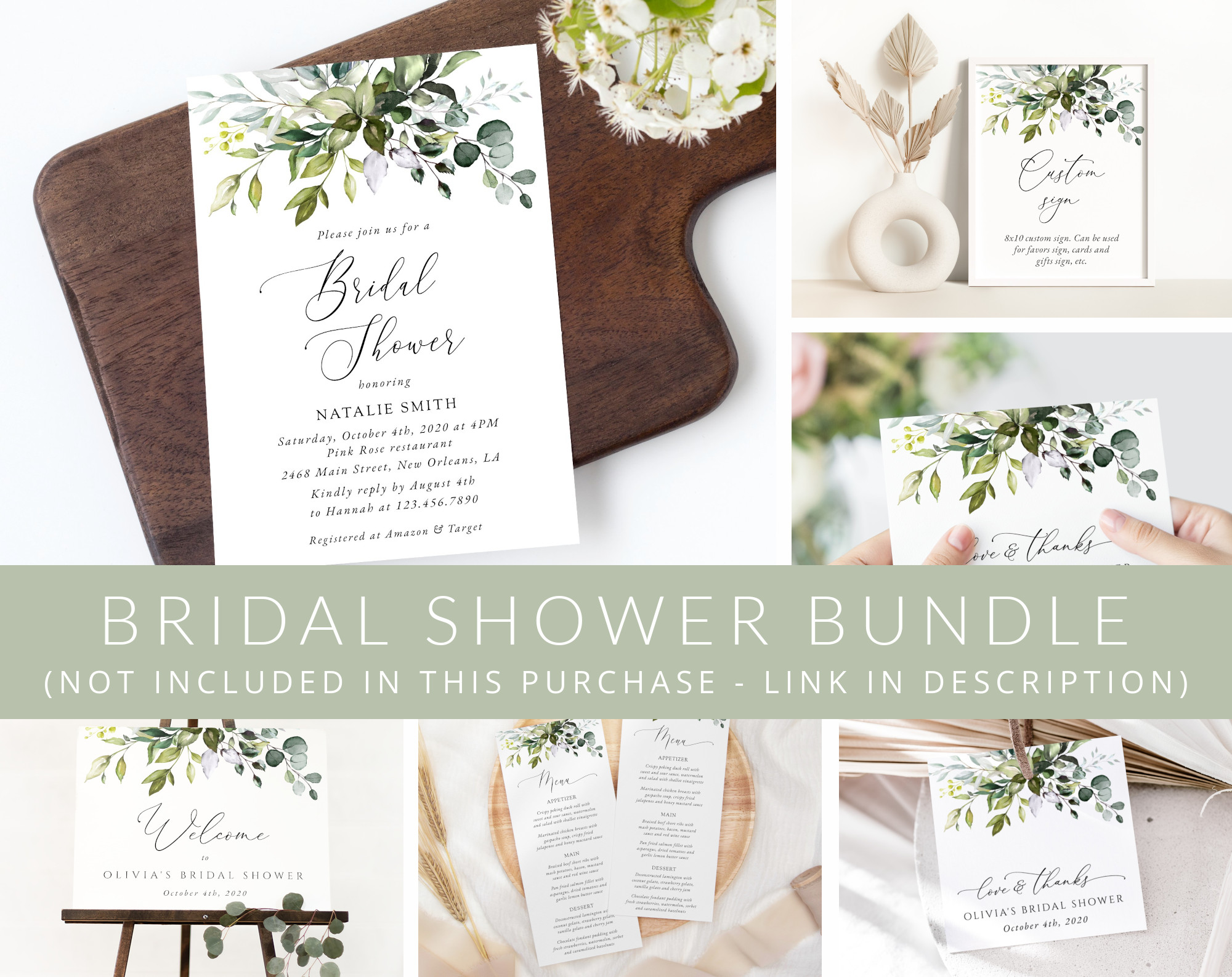 Eucalyptus Leaves Bridal Shower Mini Bundle, Printable File, Edit Yourself, SH166