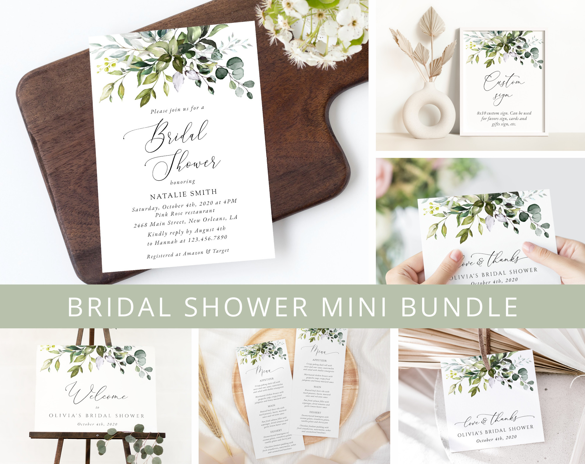Eucalyptus Leaves Bridal Shower Mini Bundle, Printable File, Edit Yourself, SH166