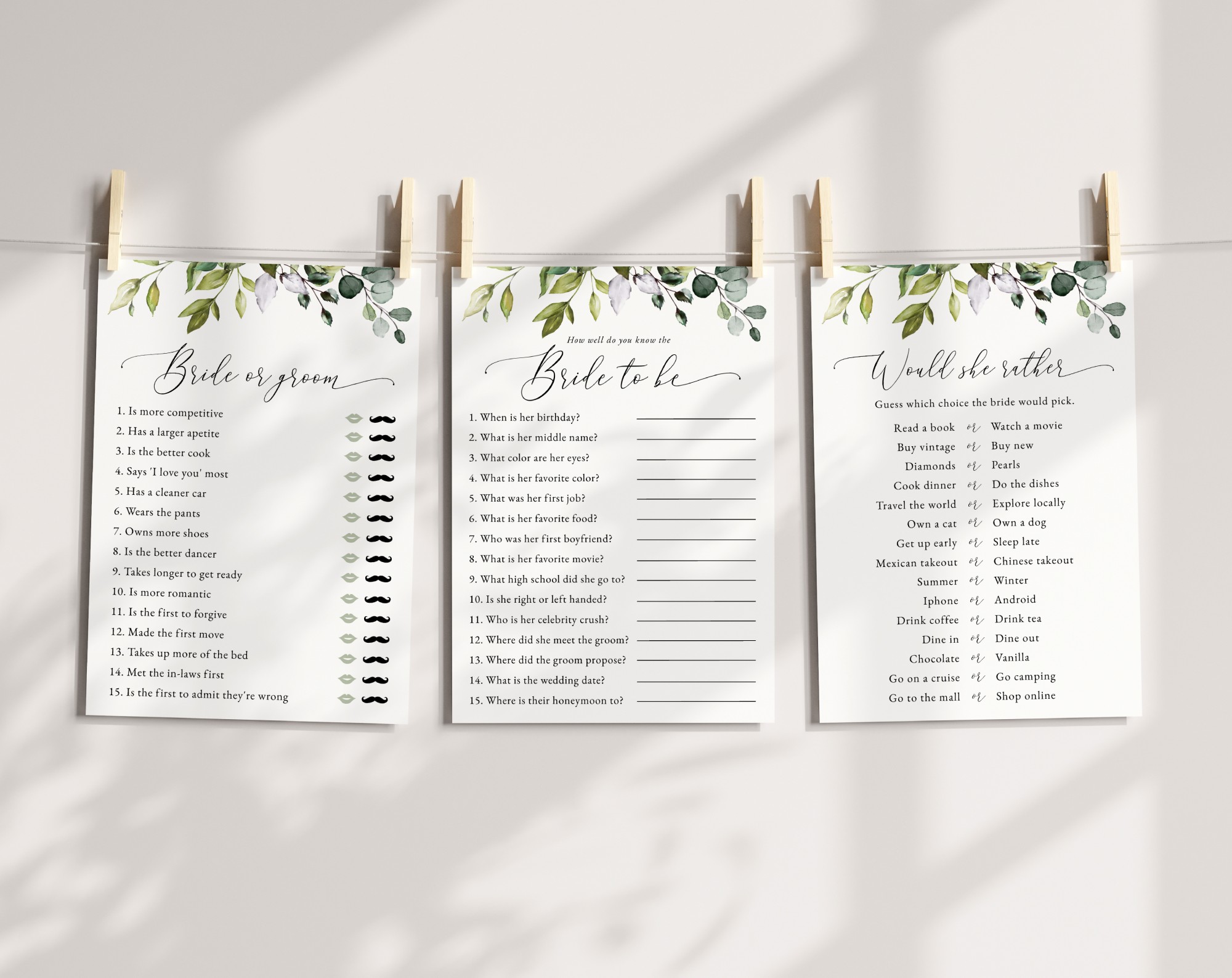Eucalyptus Leaves Bridal Shower Games, Set of 3 Games, Printable File, Edit Yourself, SH166
