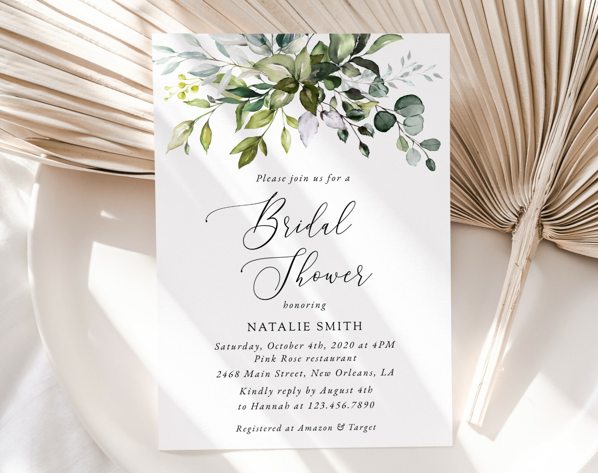 Eucalyptus Leaves Bridal Shower Invitation, Bridal Stationery, Printable File, Edit Yourself, SH166