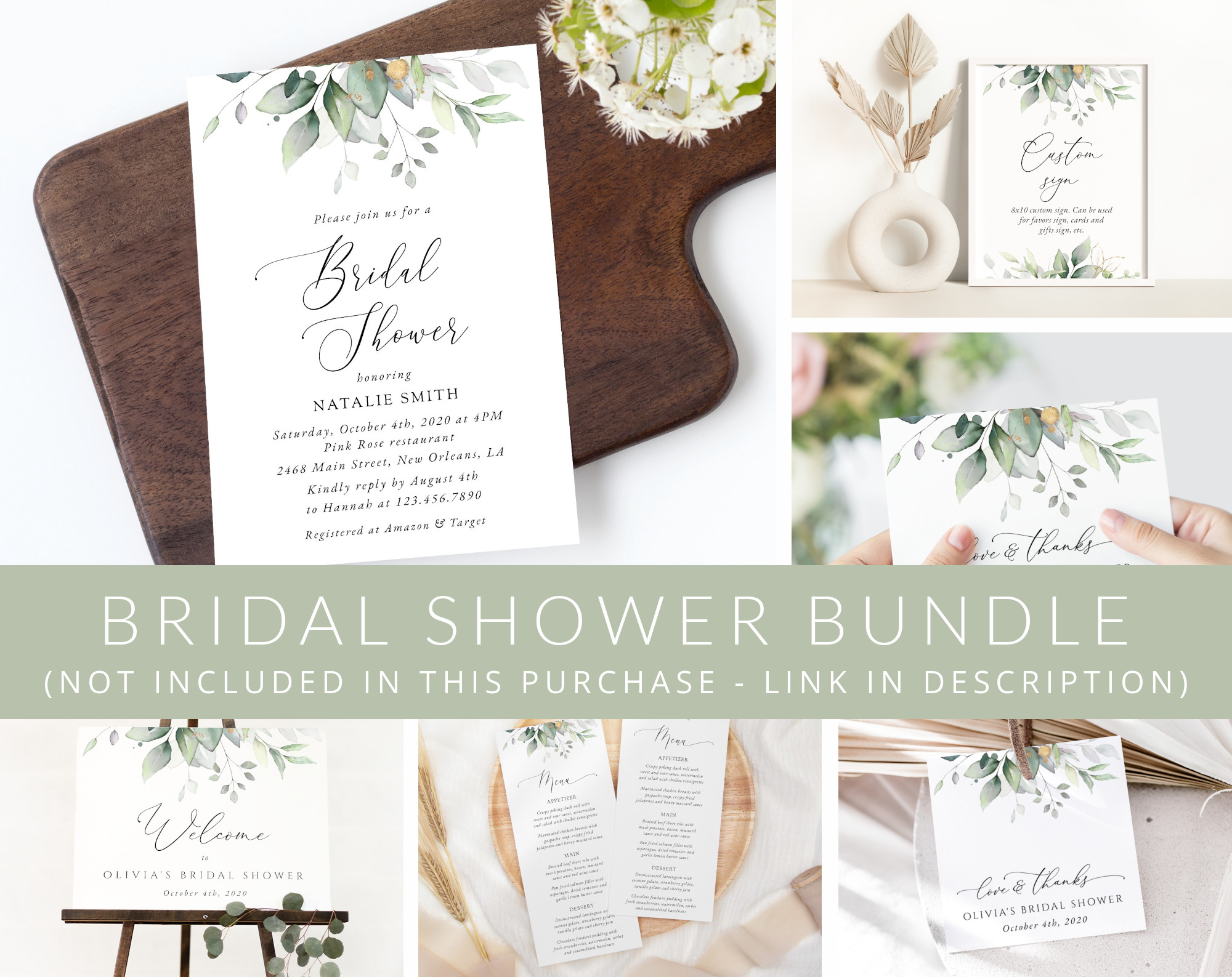 Greenery and Gold Bridal Shower Mini Bundle, Printable File, Edit Yourself, SH167